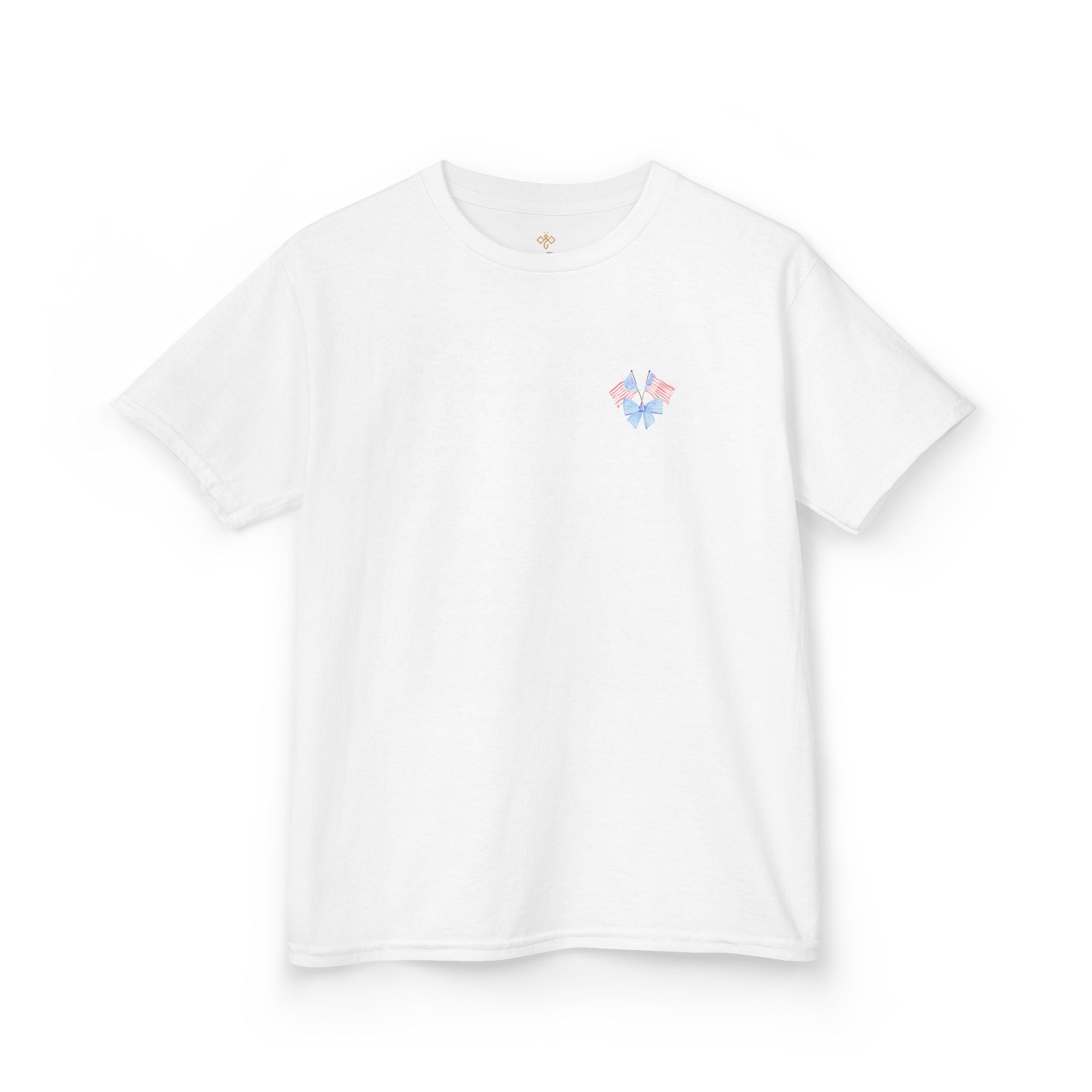 Bee Patriotic American Flag with Bow Girls Short Sleeve Youth Heavy Cotton Gildan Hive Tee