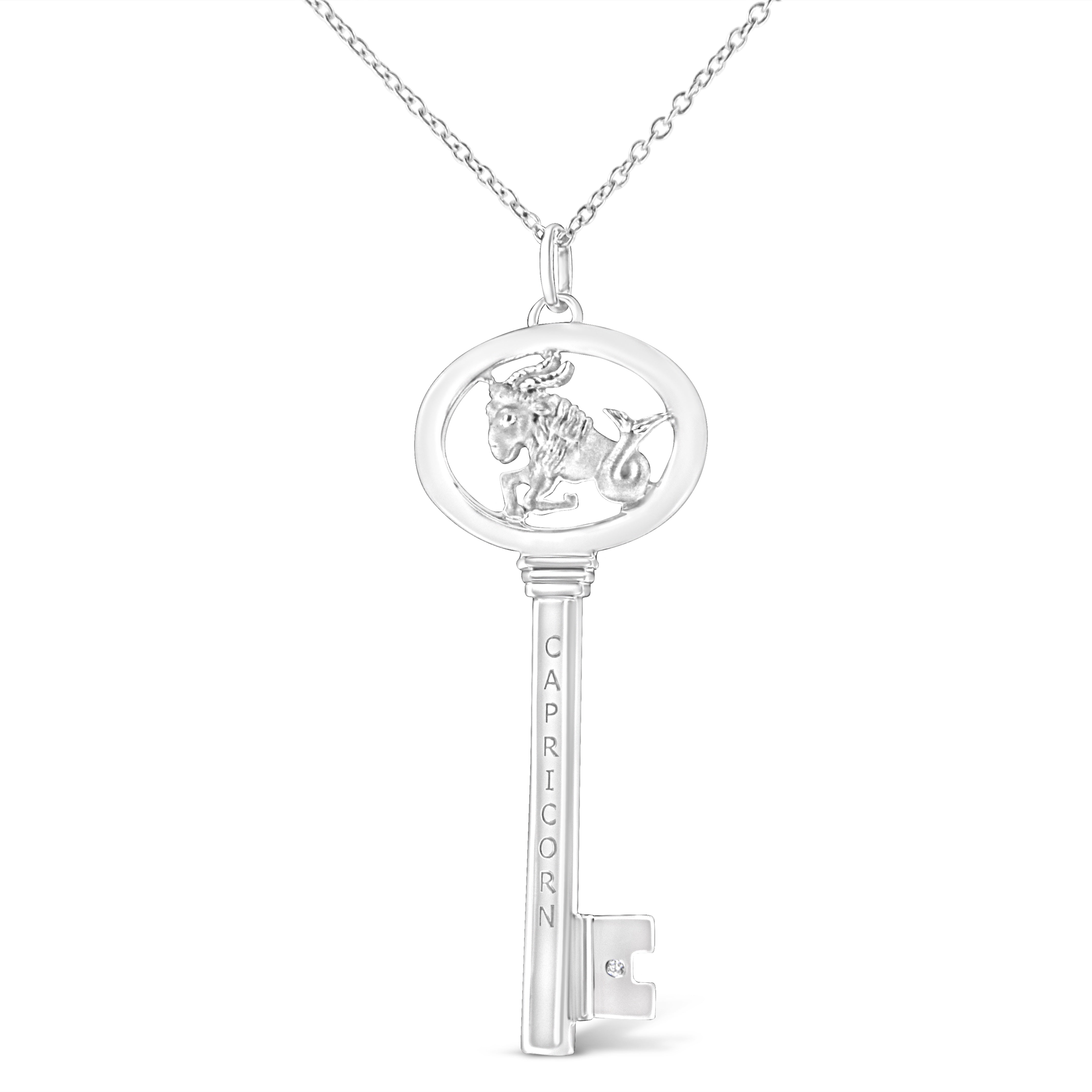 .925 Sterling Silver Diamond Accent Capricorn Zodiac Key 18" Pendant Necklace (K-L Color, I1-I2 Clarity)