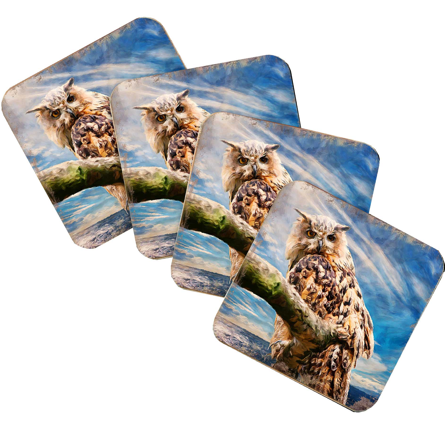 Owl Wooden Cork Coasters Gift Set of 4 by Nature Wonders - Nature Wildlife Decor  - 95371C-S4