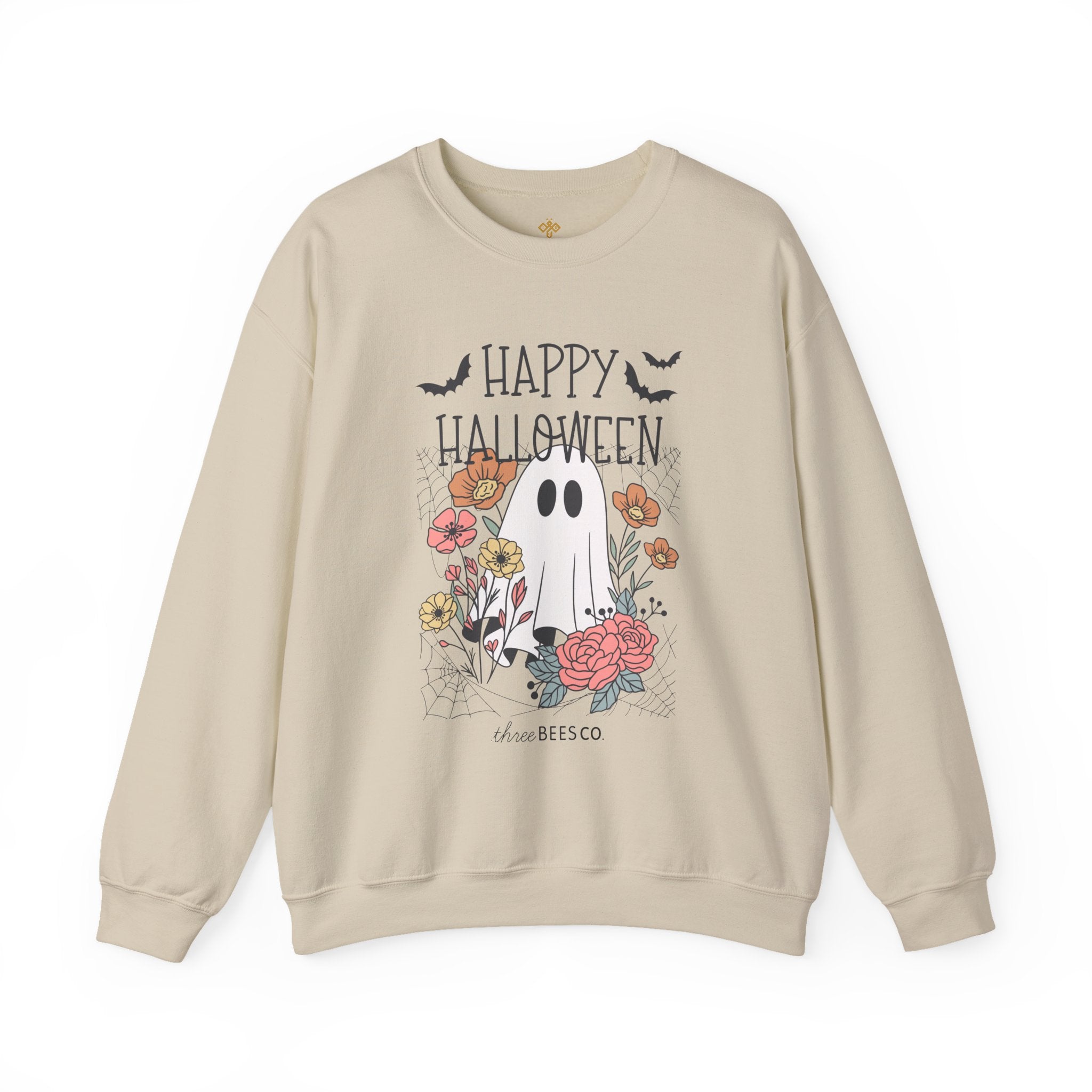 Happy Halloween Ghost Floral Sweatshirt | Cozy Gildan Unisex Crewneck, Three Bees Co. Fall Fashion, Halloween Apparel, Spooky Season Essentials