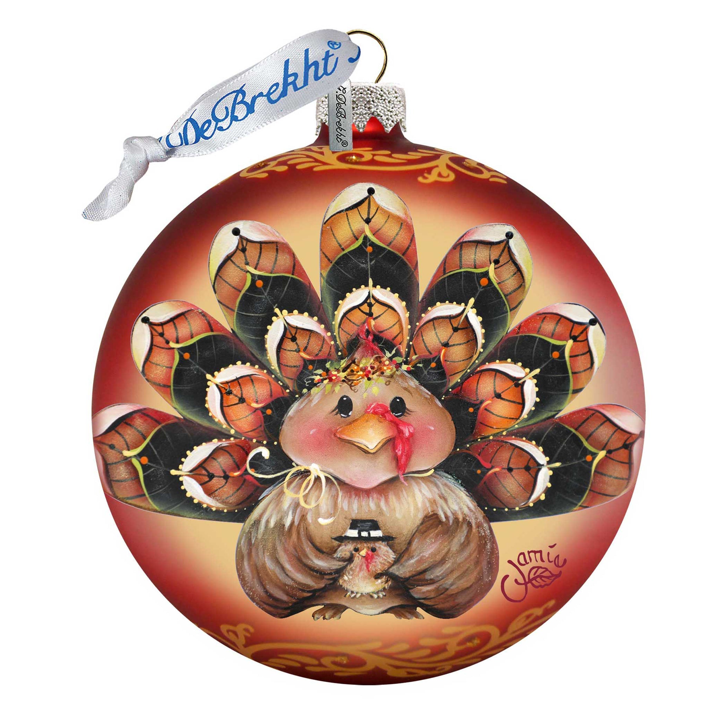 Be Thankful Turkey Sitter Ball Glass Ornament by Jamie Mills-Price - Thanksgiving Halloween Decor - 71210-7702