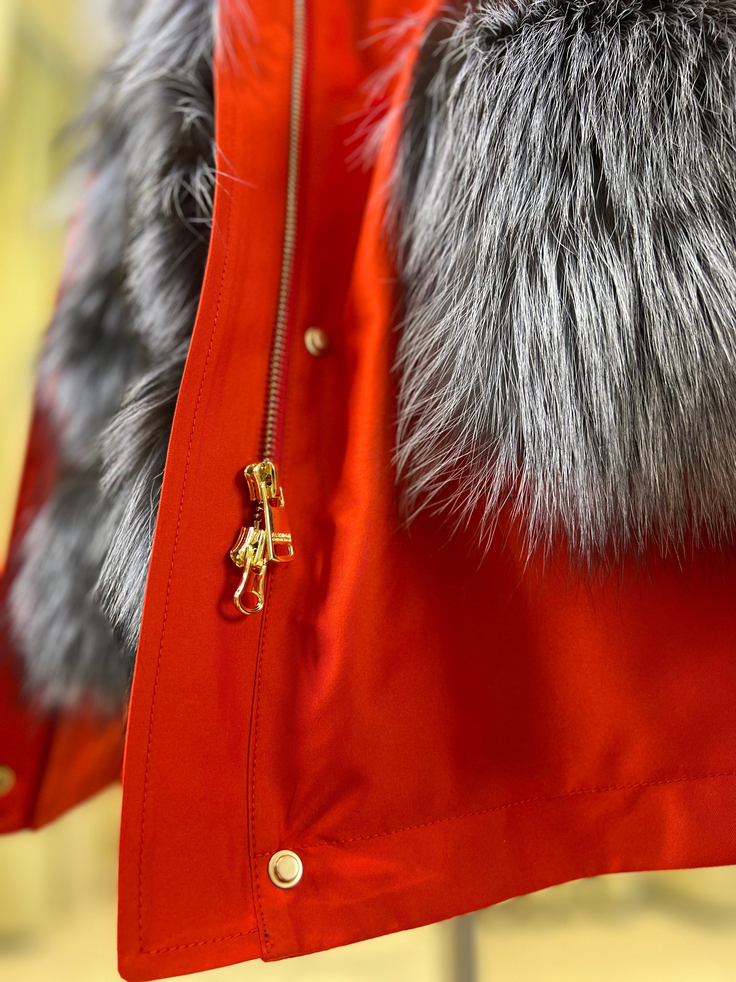 Roma Genuine Silver Fox Fur Rabbit Fur Insulated Parka in Red