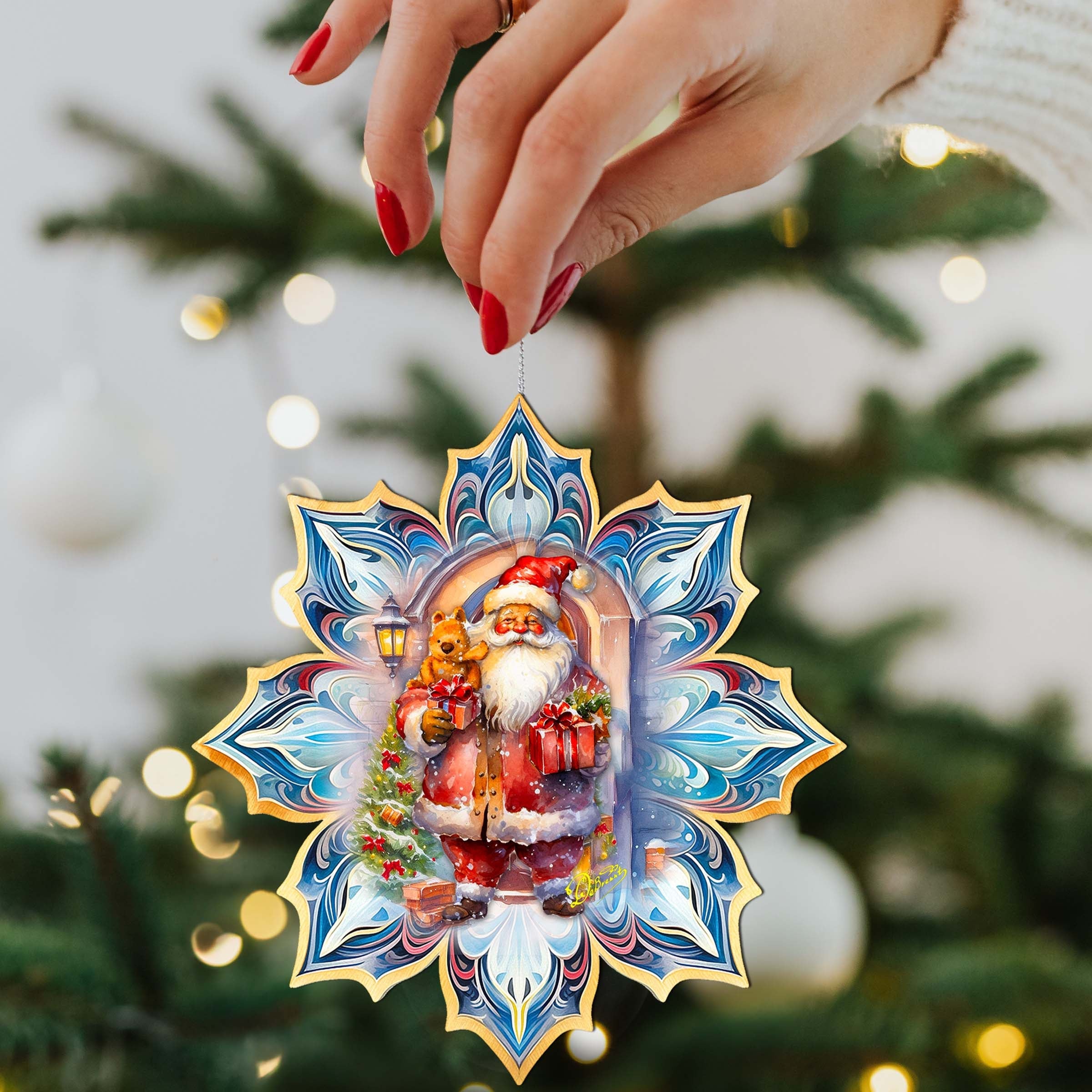 Santa with Gifts Snowflake Wooden Ornaments by G. Debrekht - Christmas Santa Snowman Decor - 8688421