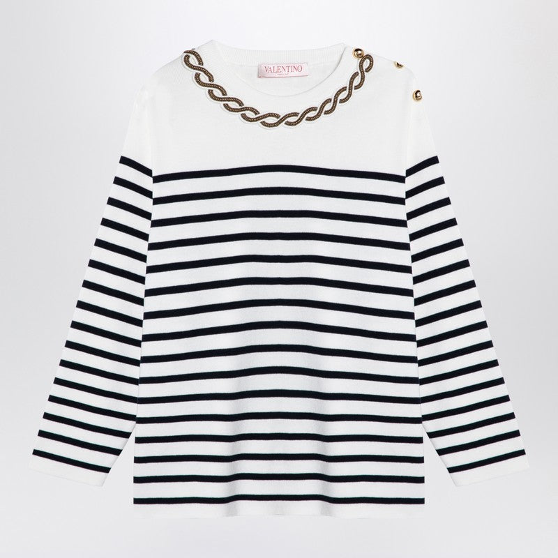 Valentino Ivory/Navy Striped Jersey With Embroidery Women