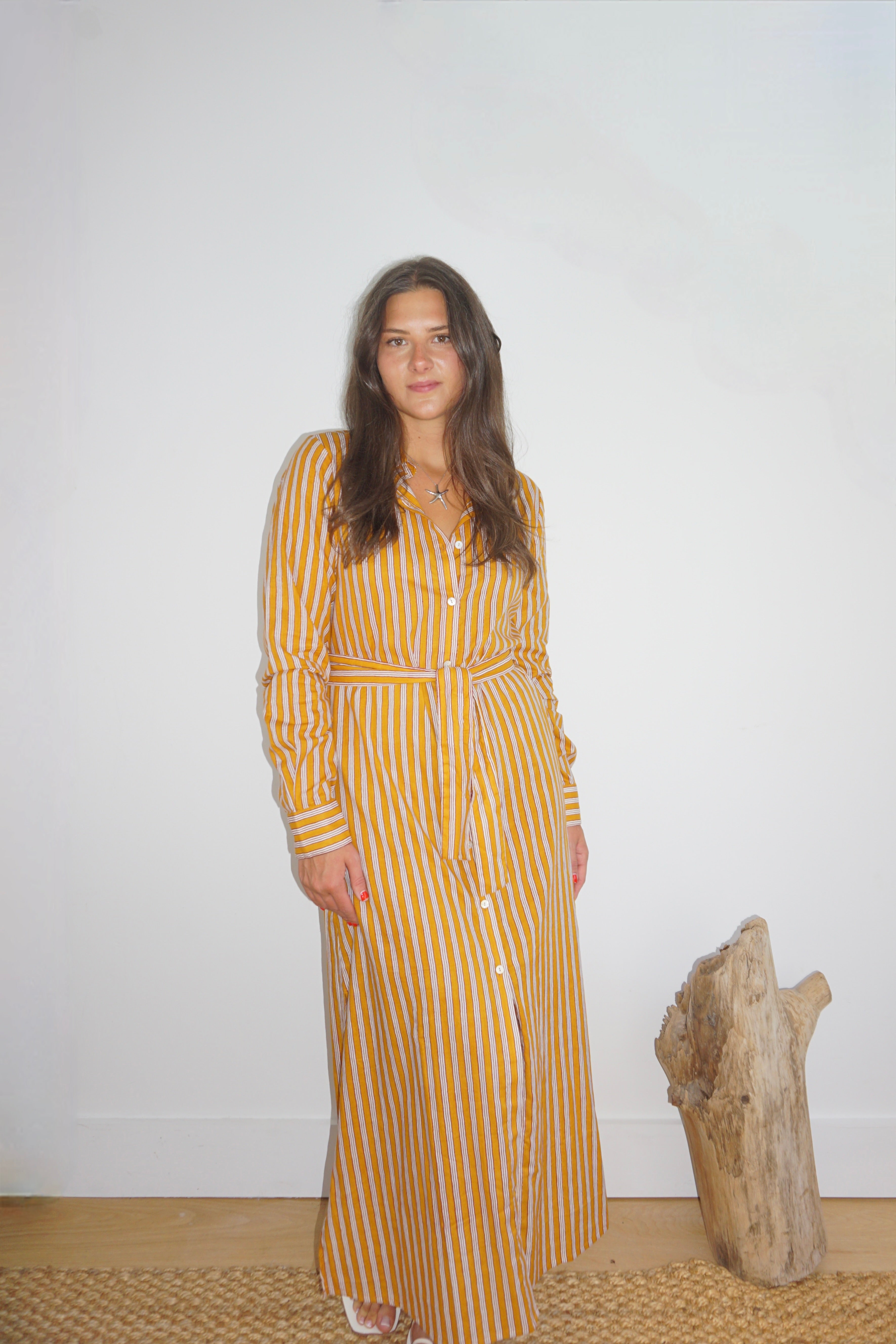 Caspian Dress in Marigold Pinstripe