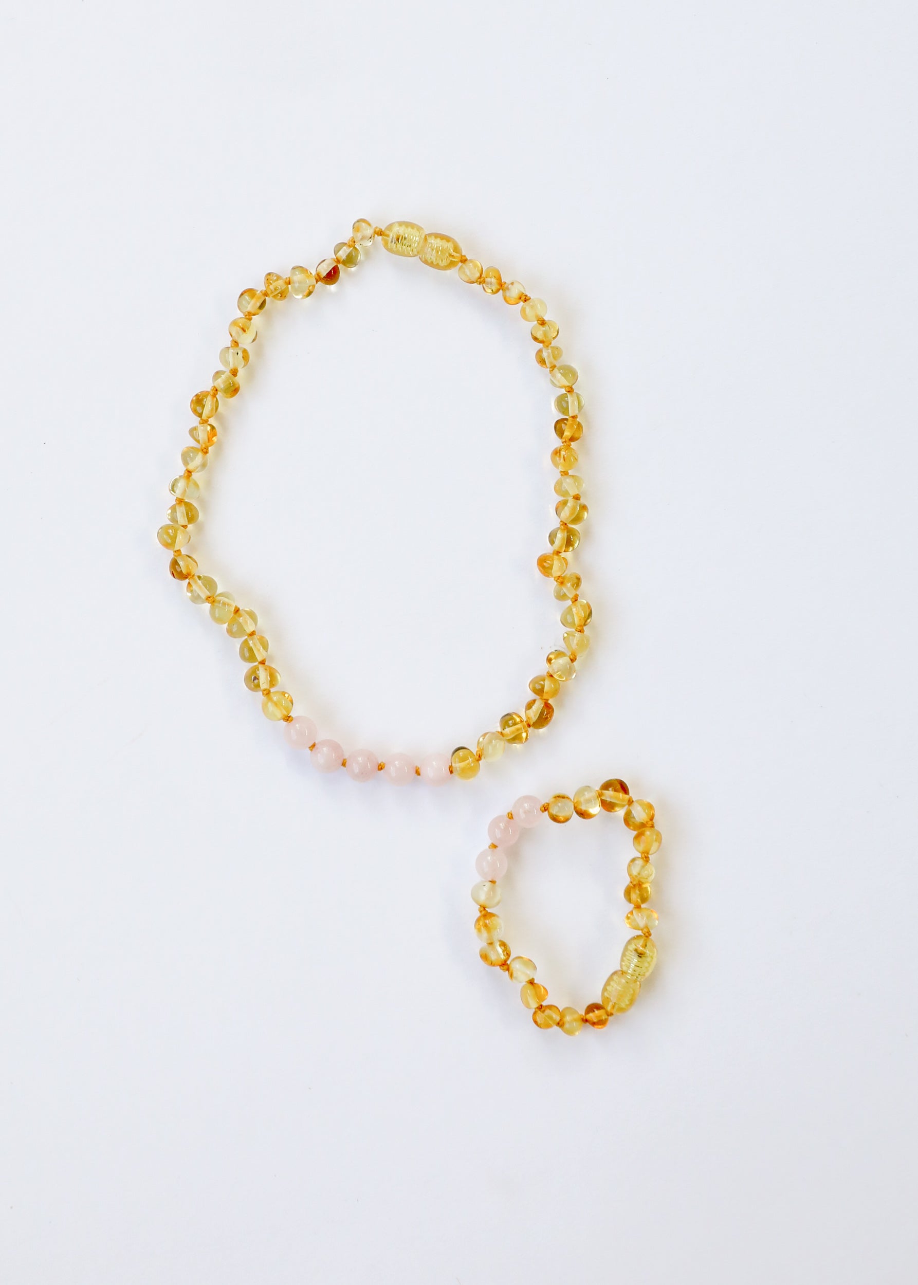 Polished Honey Baltic Amber + Rose Quartz || Necklace