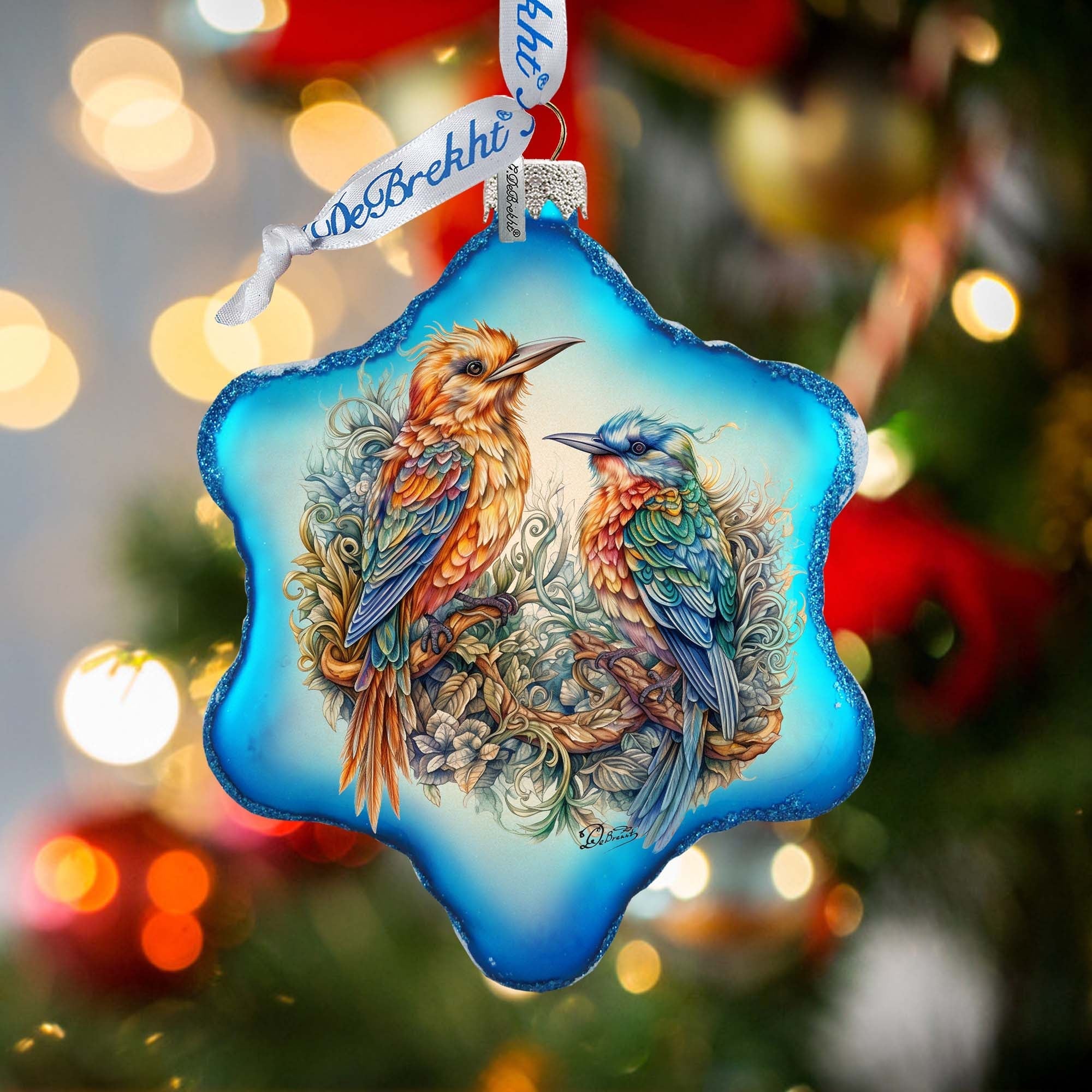 Colorful Birds Snowflake Glass Ornament by G. Debrekht - Wildlife Holiday Decor - 754-042