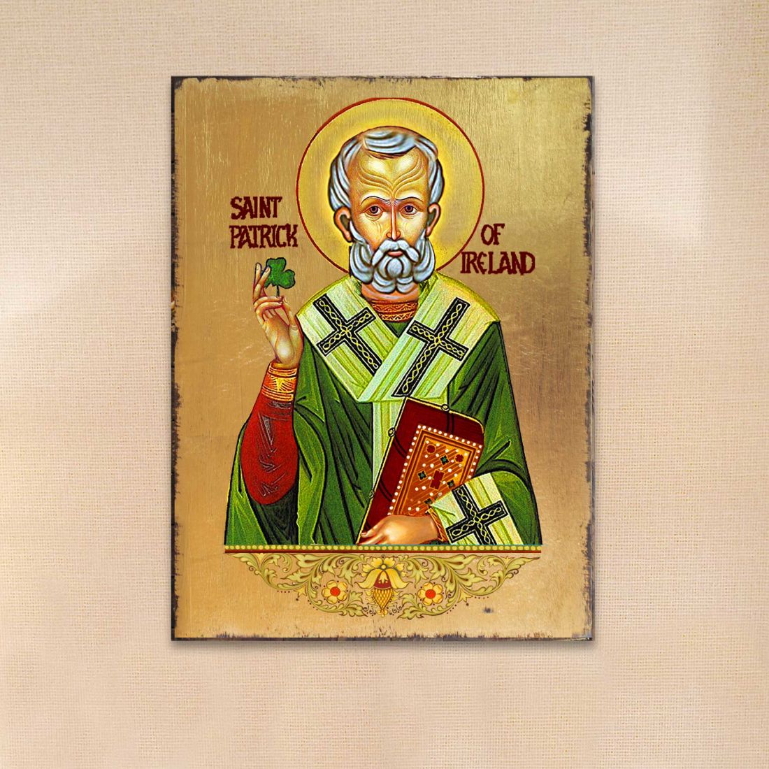Saint Patrick Wooden Gold Plated Religious Christian Sacred Icon - Celtic Decor - 85060