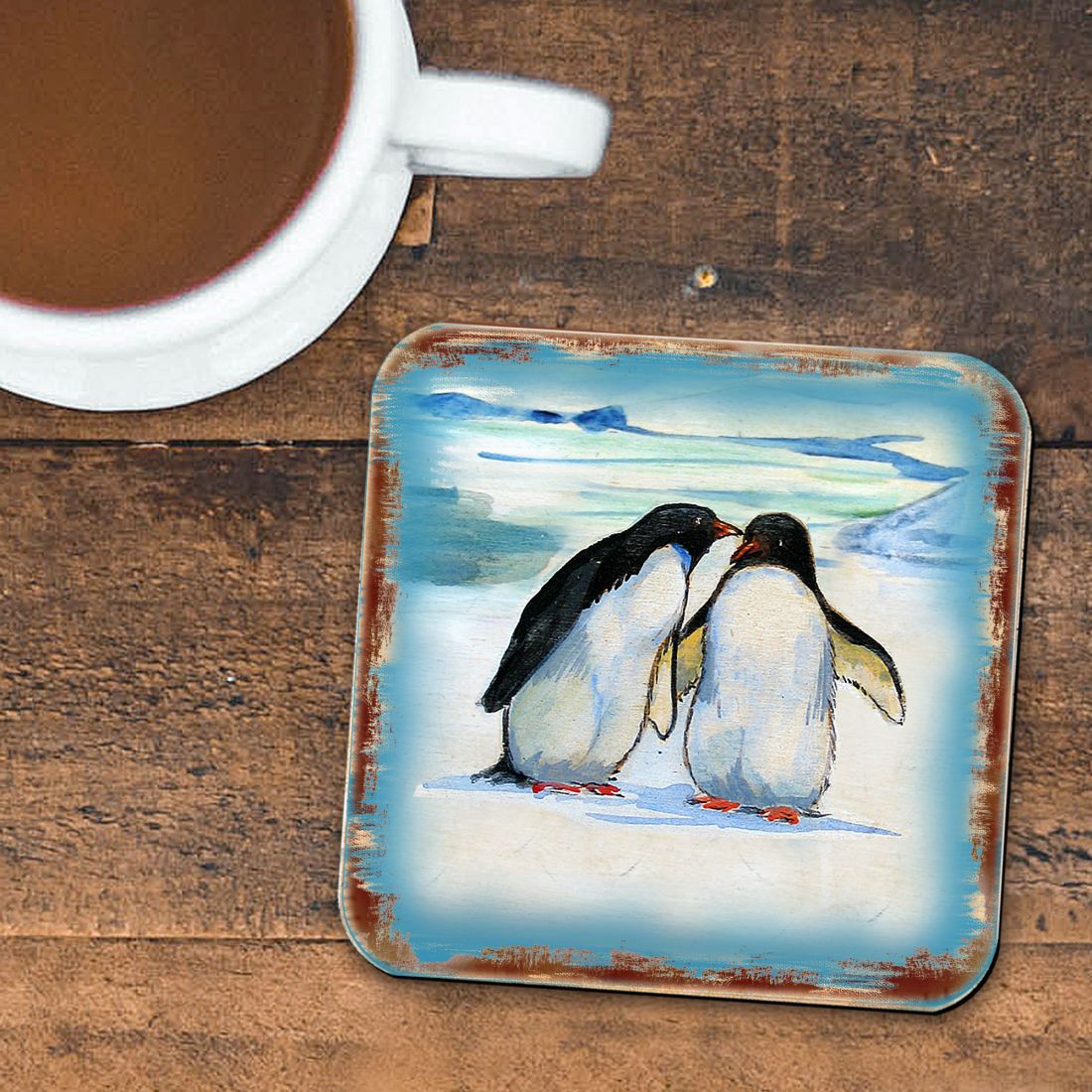Penguins Wooden Cork Coasters Gift Set of 4 by Nature Wonders - Nature Wildlife Decor  - 95382C-S4