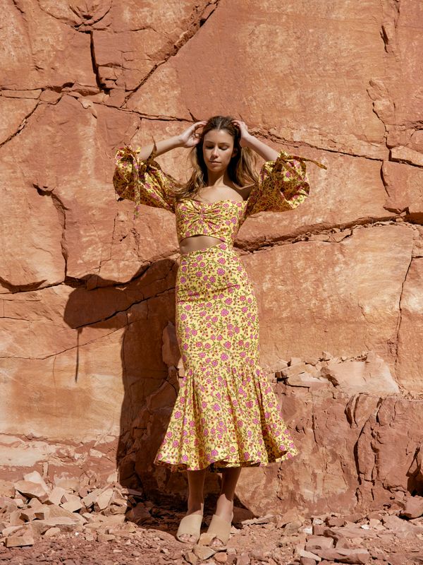 Patsy Fluted Pencil Skirt - Amber & Fuchsia Floral