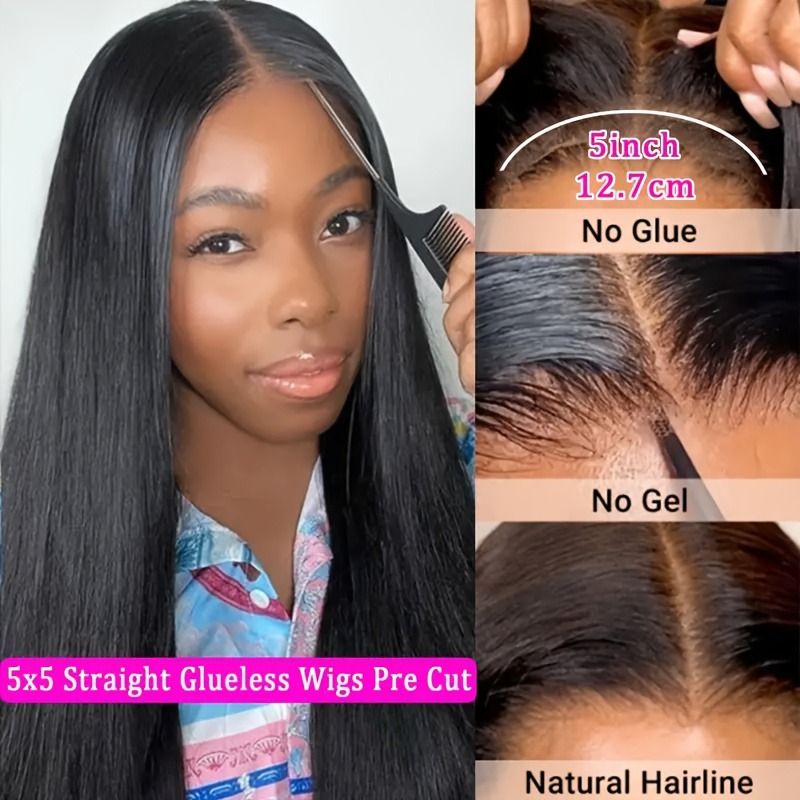 5x5 HD Lace Glueless Closure Wig - Human Hair Straight Pre Plucked Pre Cut No Glue 3 Seconds to Wear - Transparent Lace Front Wigs for Women 180 Density Pre Bleached Knots