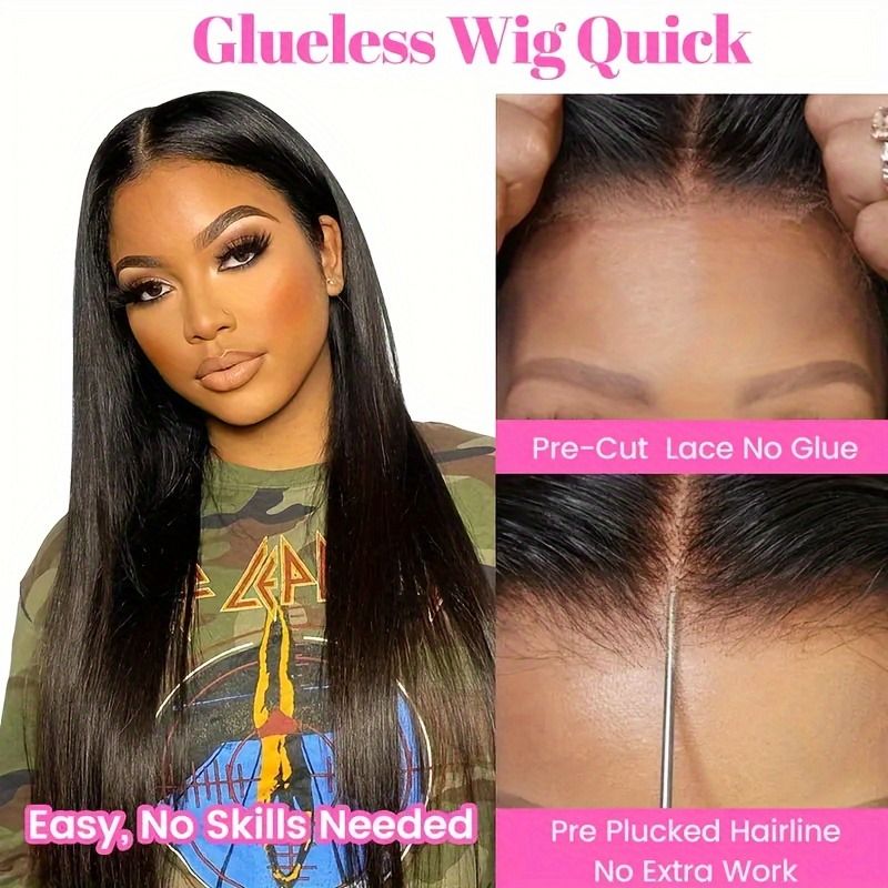 5x5 HD Lace Glueless Closure Wig - Human Hair Straight Pre Plucked Pre Cut No Glue 3 Seconds to Wear - Transparent Lace Front Wigs for Women 180 Density Pre Bleached Knots