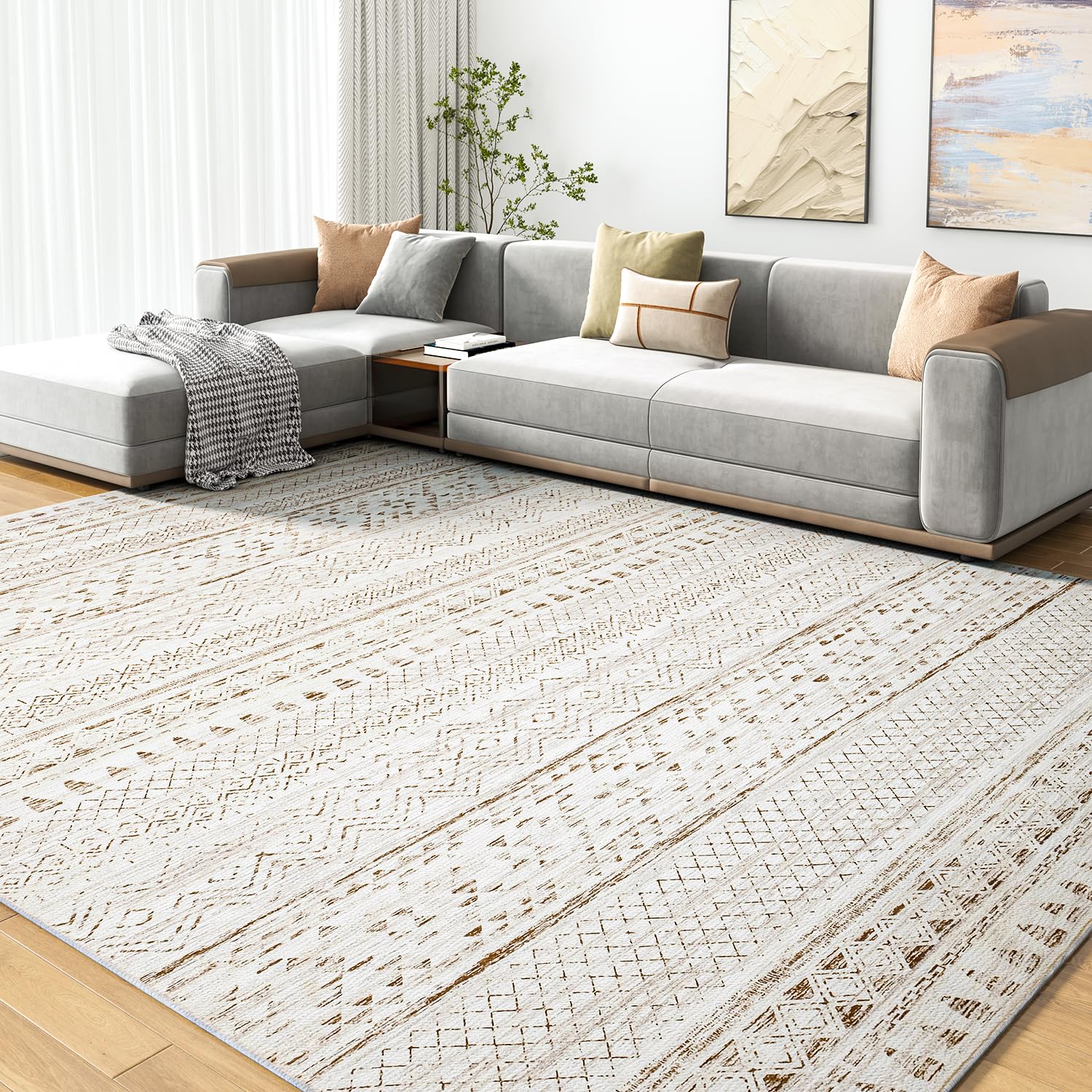 5x7 Area Rugs - Soft, Washable Neutral Boho Carpet for Living, Bedroom, Dining & Play Rooms - Indoor Brown