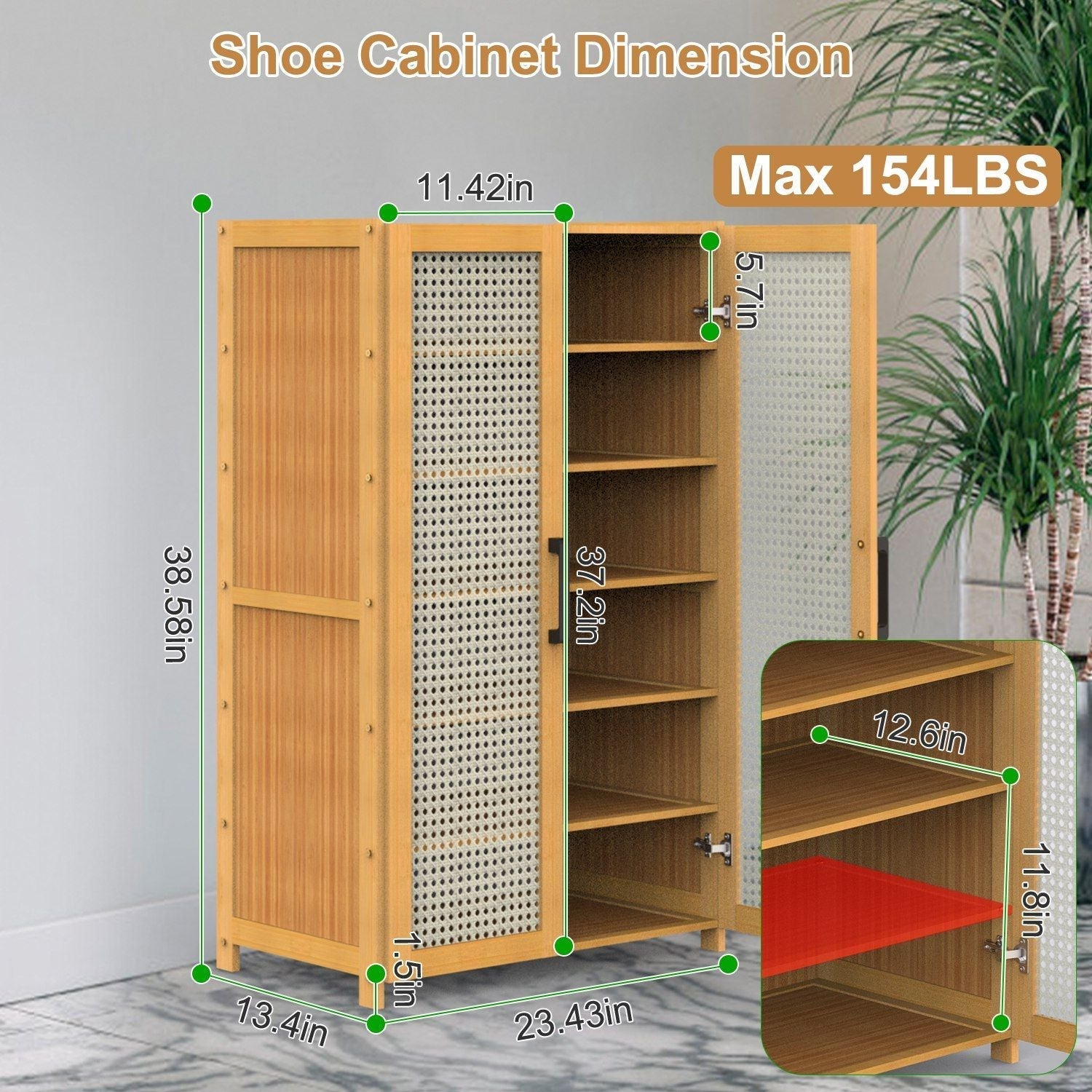 6-Tier Shoe Cabinet with Bamboo Shoe Rack Freestanding Shoe Organizer with 2 Hollow Doors and Handles 154lbs Max Load for Closet Hallway Living Room