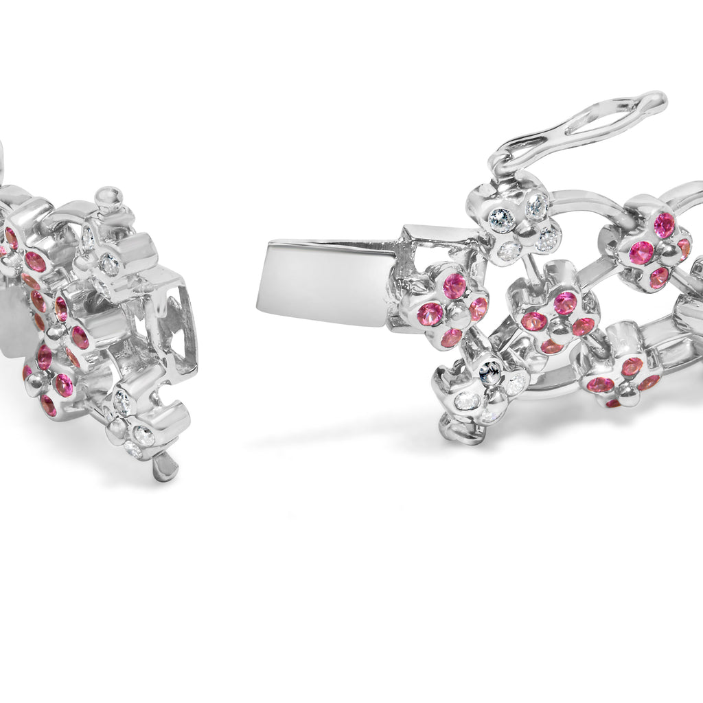 14K White Gold Pink Sapphire and Diamond Floral Lattice Link Bracelet - 7.25" Inches