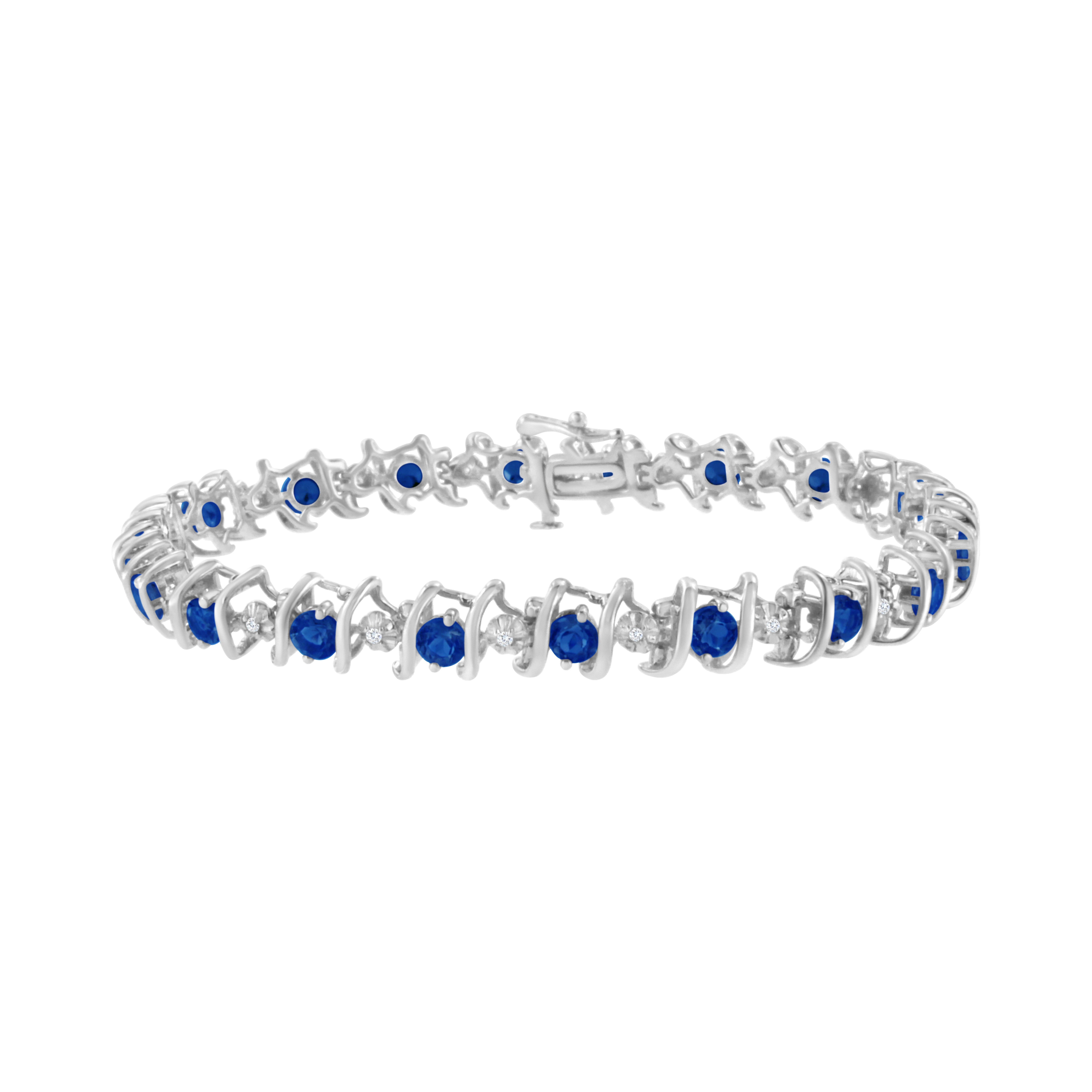.925 Sterling Silver, Lab-Grown Gemstone And 4 Cttw Round Diamond Tennis Bracelet (H-I Color, I1-I2 Clarity) - Created Blue Sapphire, September Birthstone