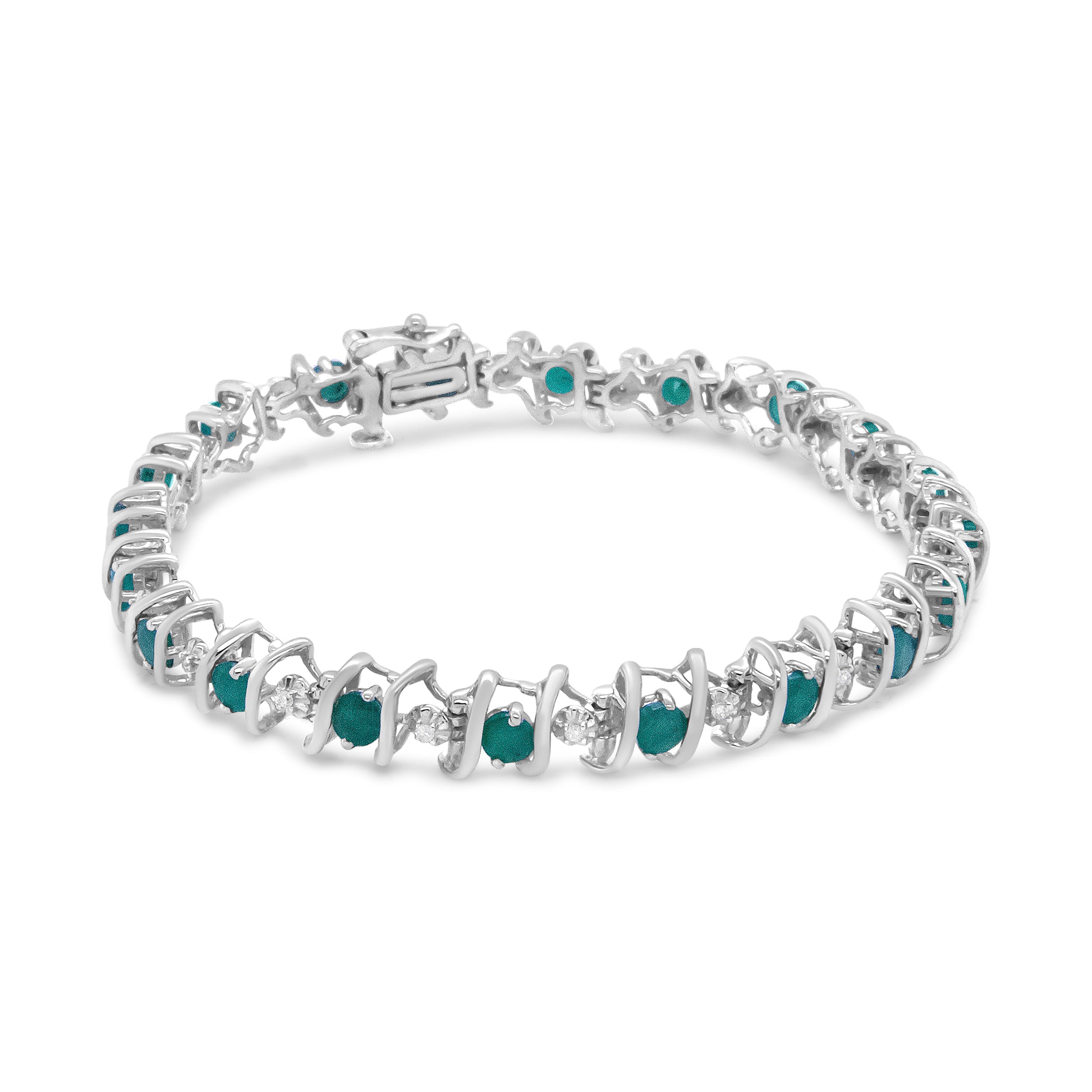 .925 Sterling Silver, Lab-Grown Gemstone And 1/6 Cttw Round Diamond Tennis Bracelet (H-I Color, I1-I2 Clarity) - Created Emerald, May Birthstone