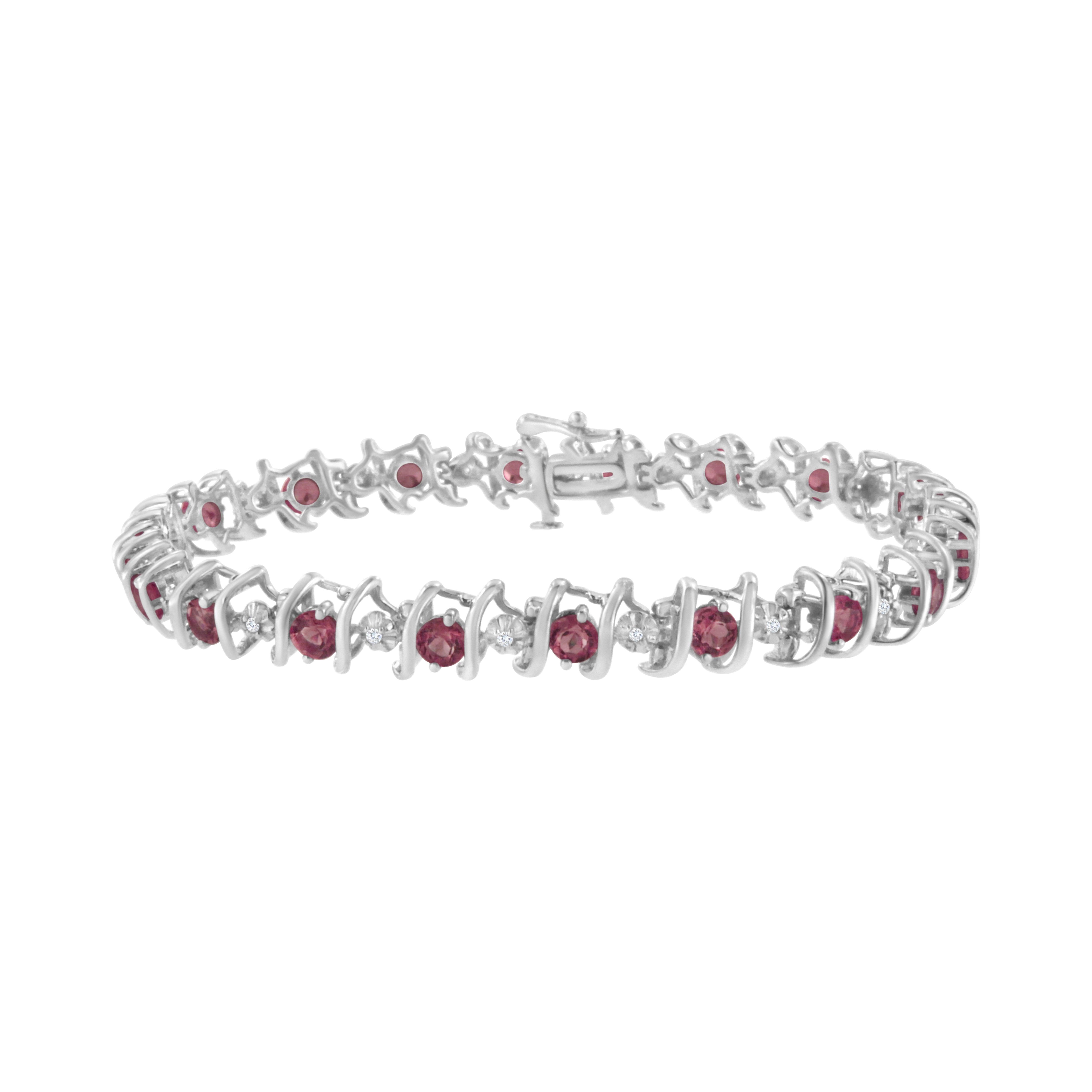 .925 Sterling Silver, Lab-Grown Gemstone And 1/6 Cttw Round Diamond Tennis Bracelet (H-I Color, I1-I2 Clarity) - Created Pink Tourmaline, October Birthstone