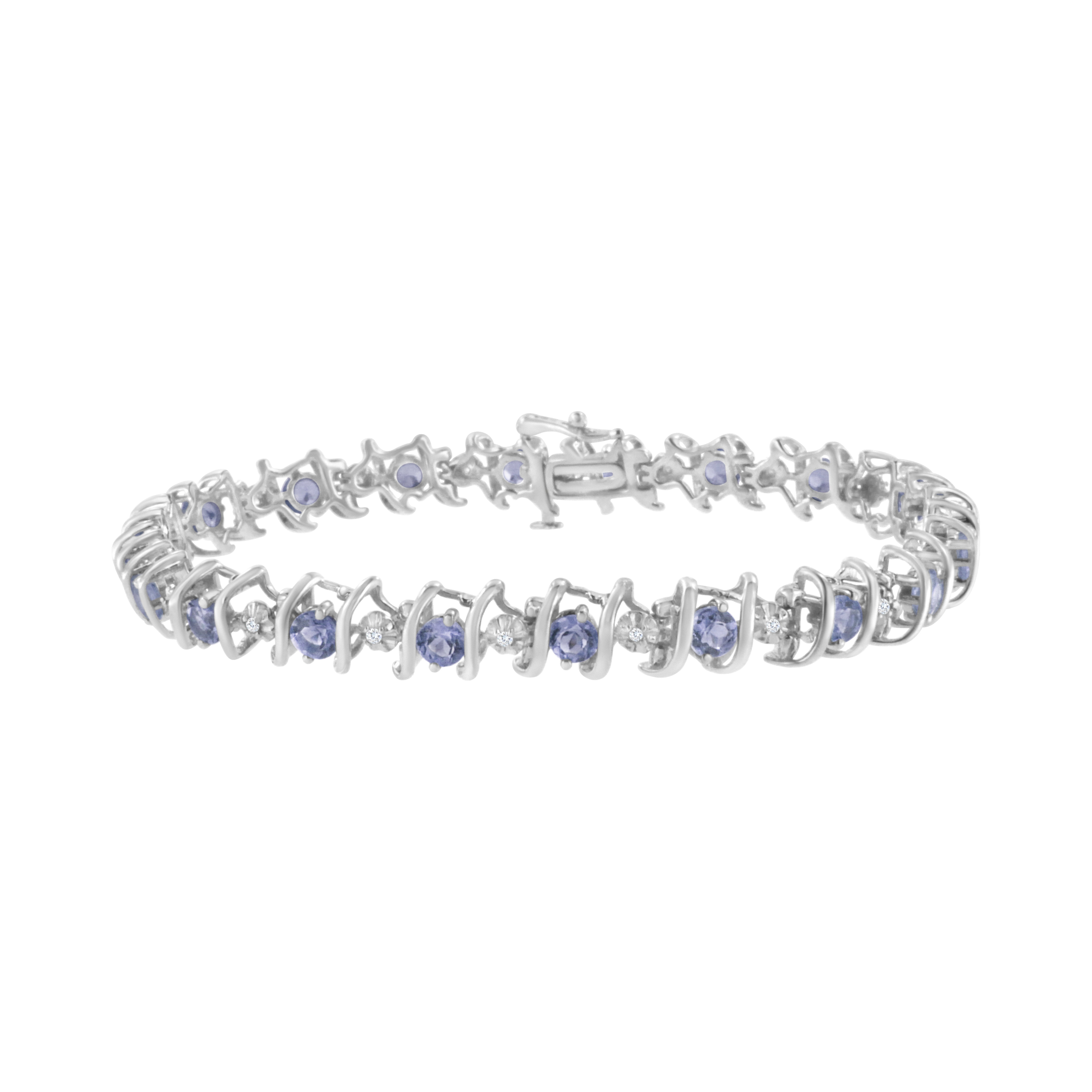 .925 Sterling Silver, Lab-Grown Gemstone And 1/6 Cttw Round Diamond Tennis Bracelet (H-I Color, I1-I2 Clarity) - Created Tanzanite, December Birthstone