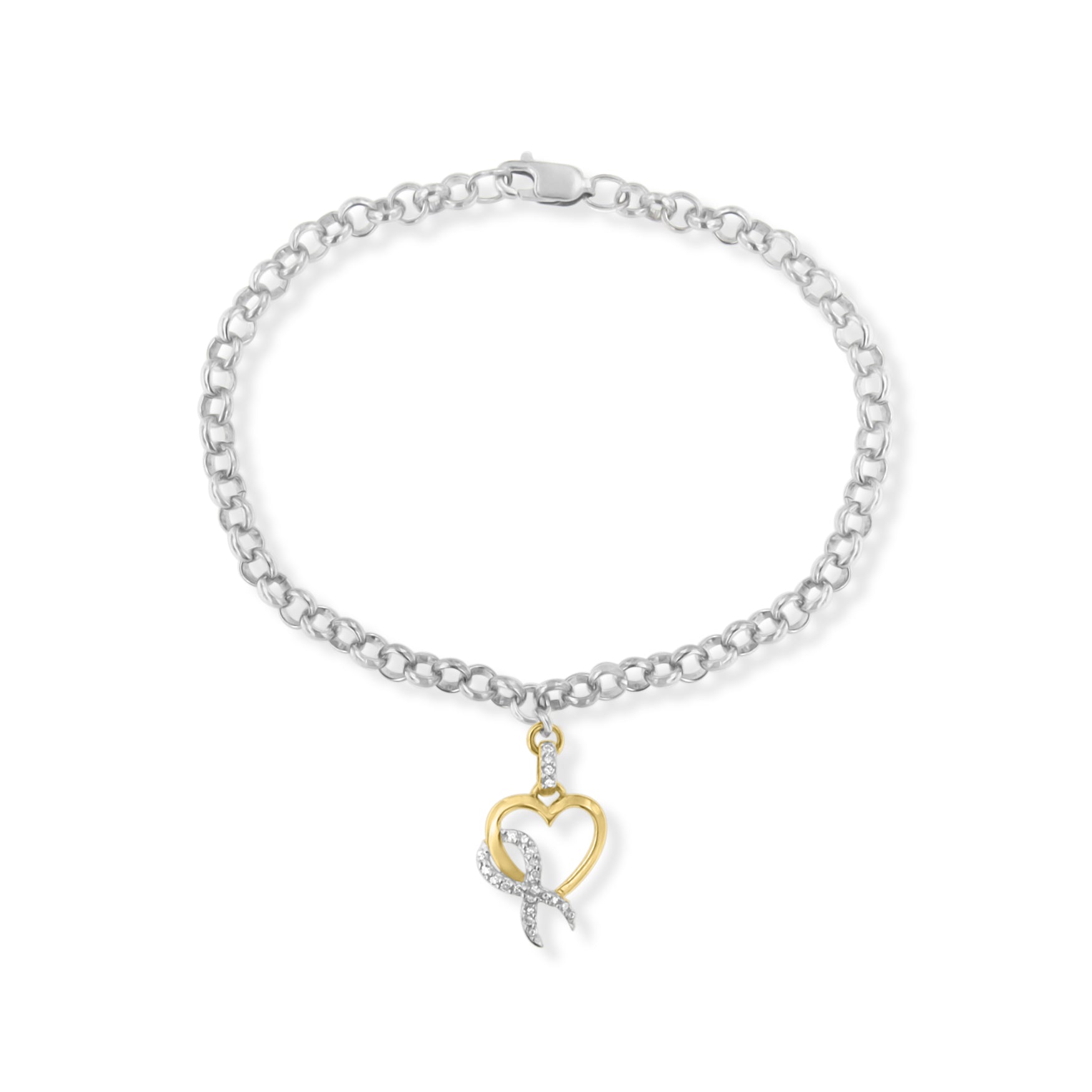 10K Yellow Gold 1/10 Cttw Diamond Awareness Ribbon & Heart Charm On 7" .925 Sterling Silver Rolo Bracelet (H-I Color, I1-I2 Clarity)