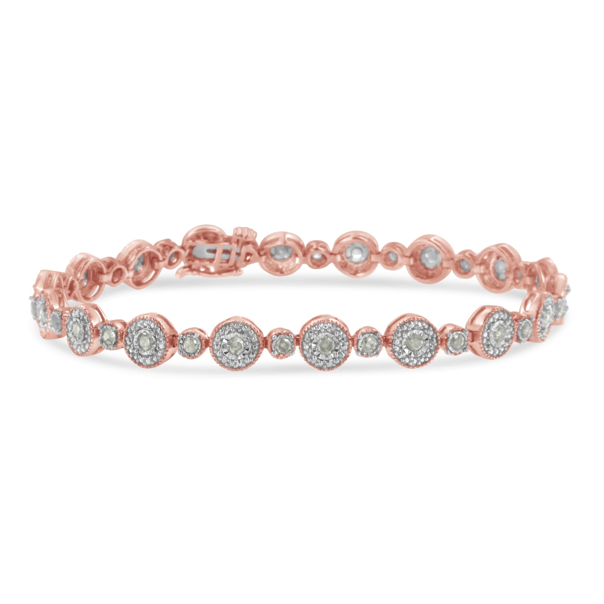 10K Rose Gold Plated .925 Sterling Silver 1 1/3 Cttw Miracle Plate Set Diamond Alternating Link Bracelet (I-J Color, I3 Clarity) -7"