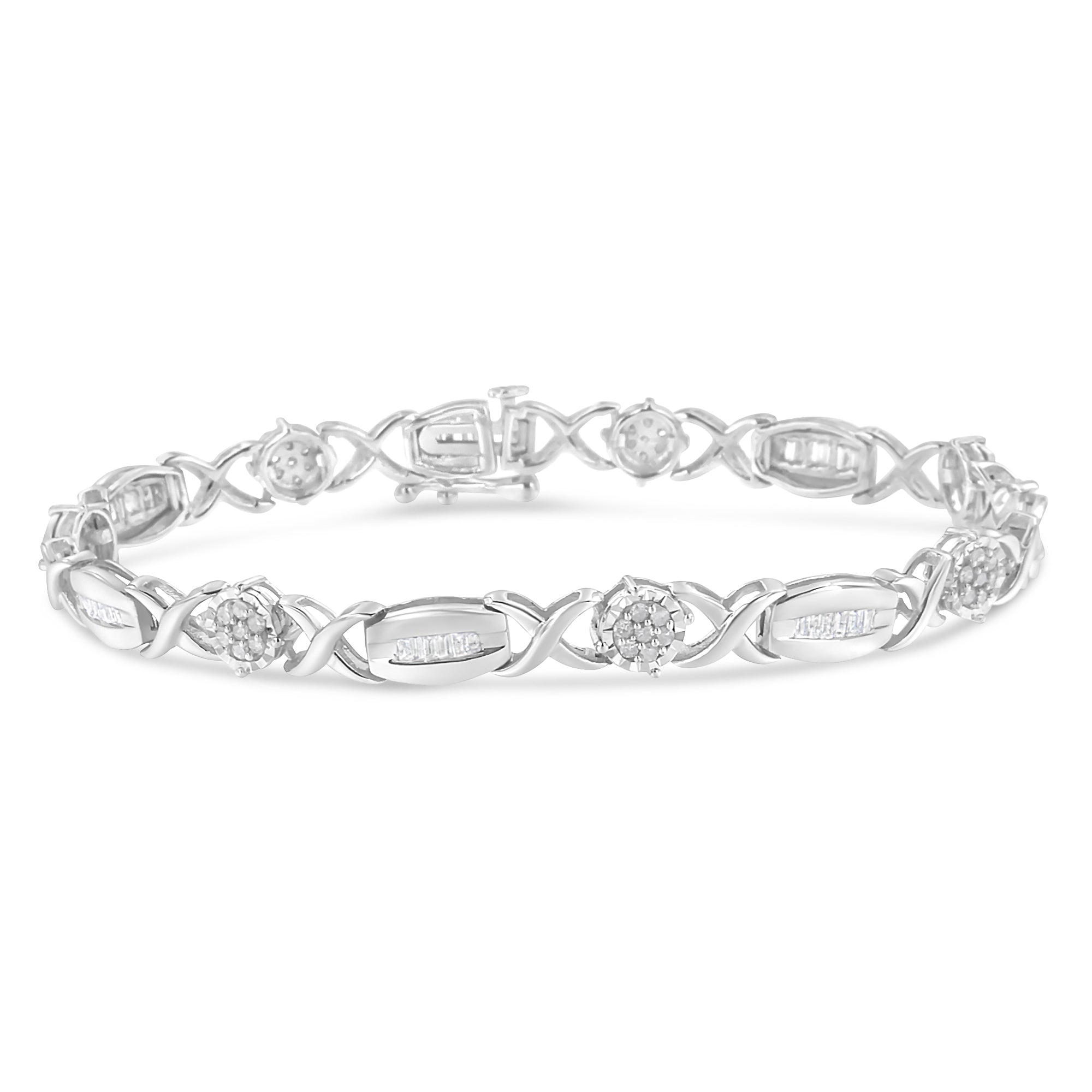.925 Sterling Silver 1.0 Cttw Round-Cut And Baguette-Cut Diamond X-Link Bracelet (I-J Color, I1-I2 Clarity) - 7"