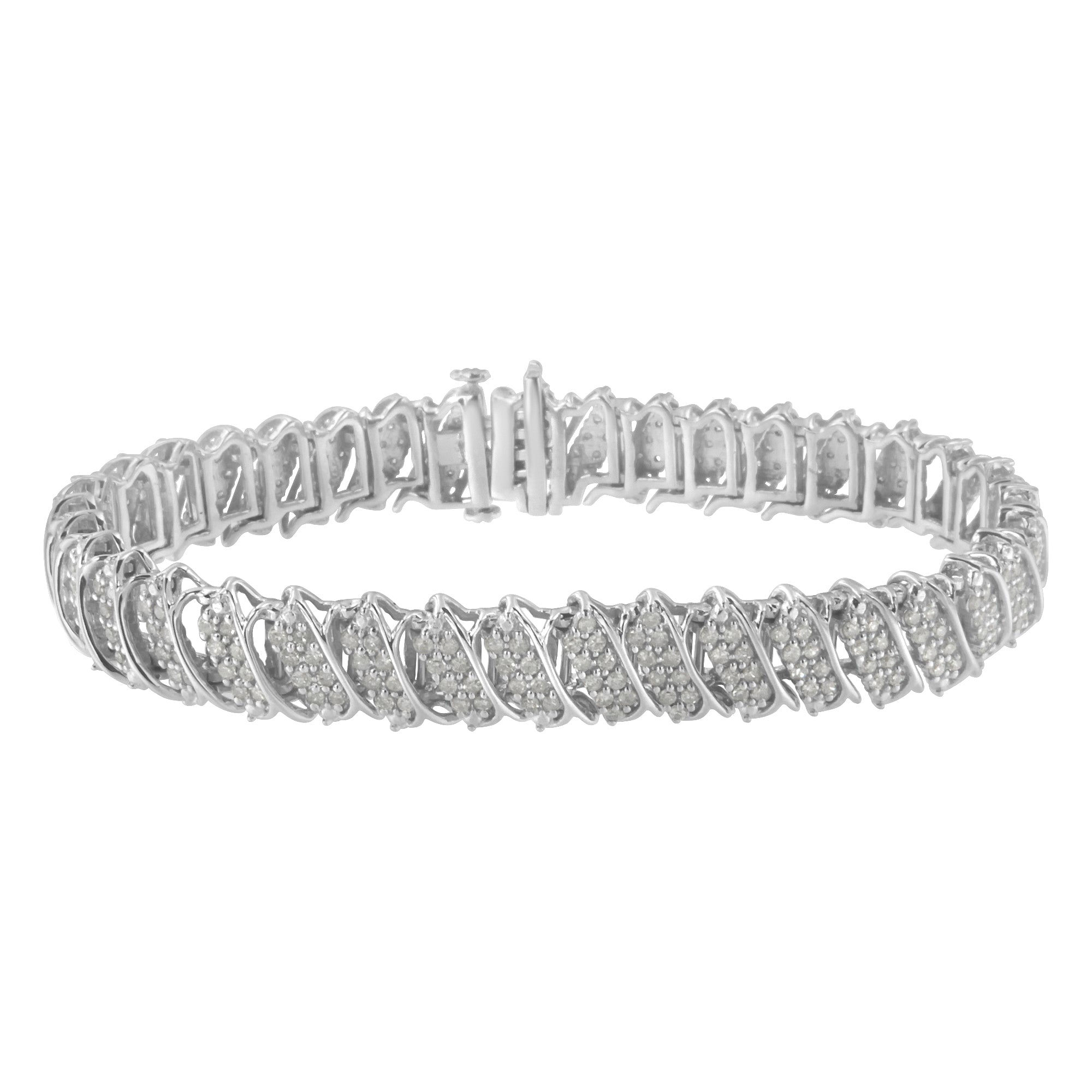 .925 Sterling Silver 3.0 Cttw Diamond Multi Row Cluster Slanted Wave Link 7-Â¼â€ Tennis Bracelet (I-J Color, I2-I3 Clarity)