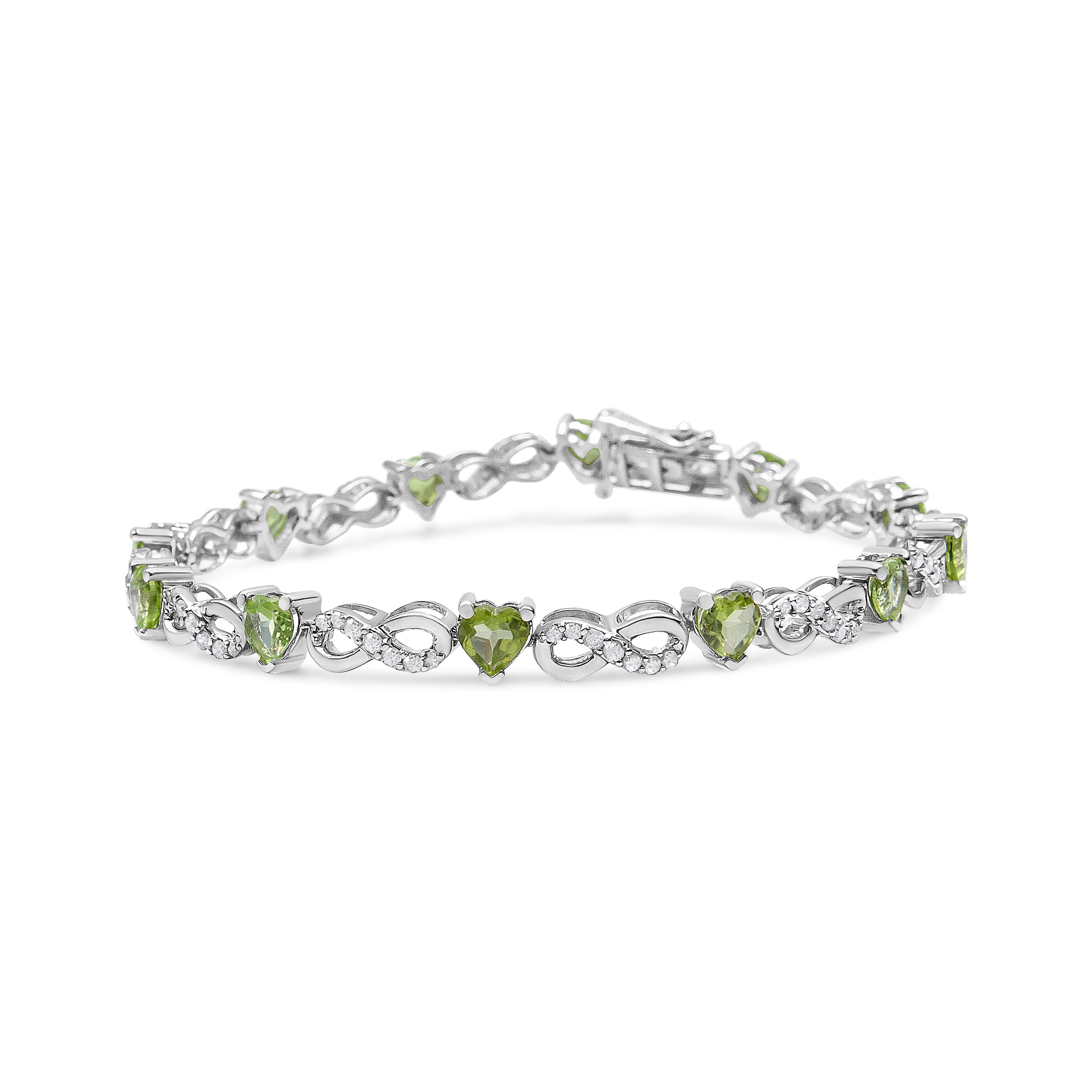 .925 Sterling Silver 1.00 Cttw Diamond And 4.00Mm Lab Created Green Heart-Shaped Peridot Infinity Link Bracelet (I-J Color, I2-I3 Clarity) - 7.25"