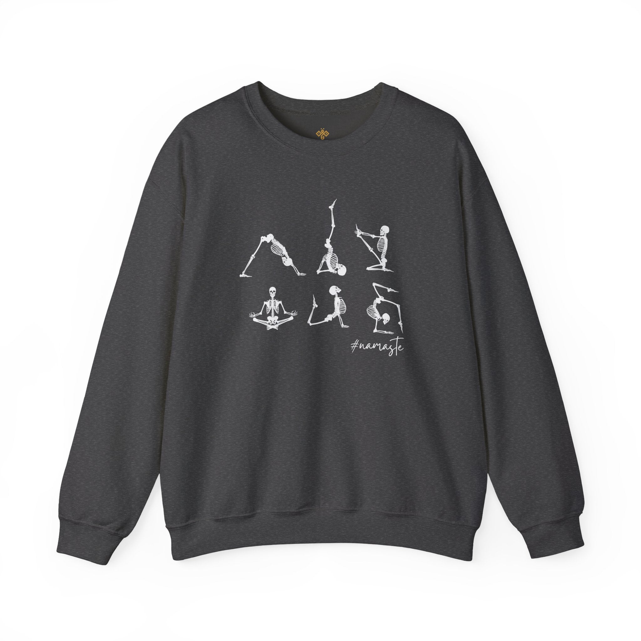 Namaste Halloween Yoga Skeleton Sweatshirt | Cozy Gildan Unisex Crewneck, Three Bees Co. Fall Fashion, Halloween Apparel, Spooky Season Essentials