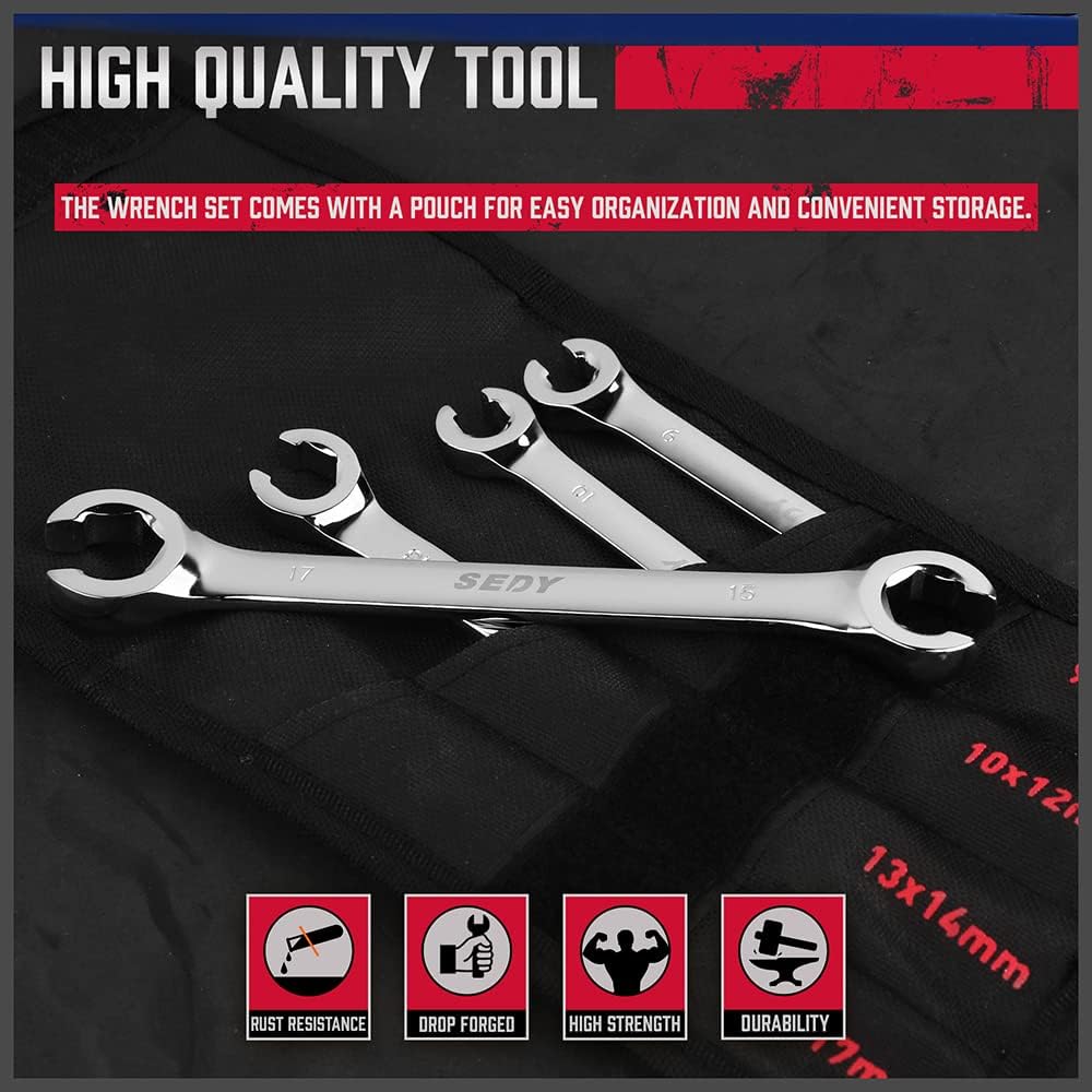 SEDY 4-Piece Flare Nut Wrench Set, Offset End Spanner Metric 9 10 11 12 13 14 15 17mm, CR-V Steel Storage Pouch Repair and Remove Nuts on Fuel Tube Hose Transmission Line