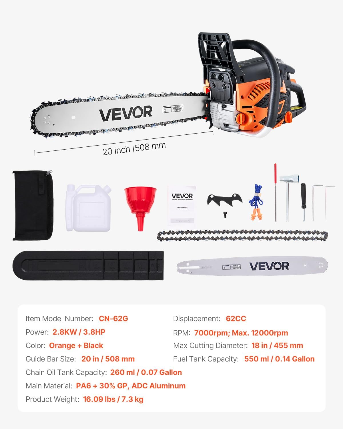 VEVOR 20inch 62CC Gas Powered Chainsaw, 3.8 HP 2 Stroke Engine Gas Power Chainsaws with Non-Slip Handle, Gas Chainsaws with Dual Fuel Tanks, For Wood Cutting, Tree Trimming, and Land Clearing