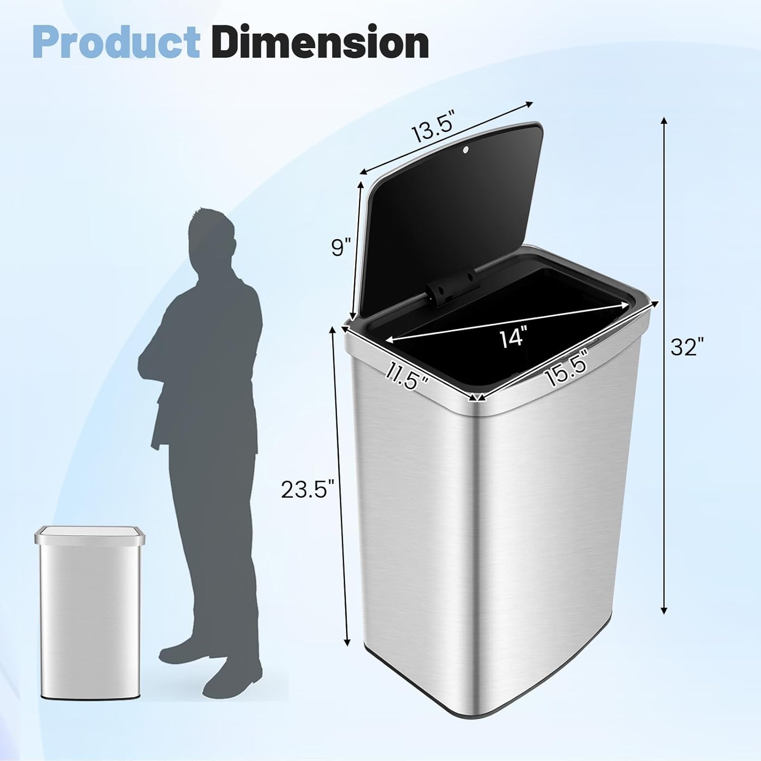 Goplus 13 Gallon/ 50L Touchless Trash Can, Rectangular Motion Sensor Trash Bin with Soft Close Lid & Deodorizer Compartment, Stainless Steel Automatic Garbage Can for Kitchen, Office
