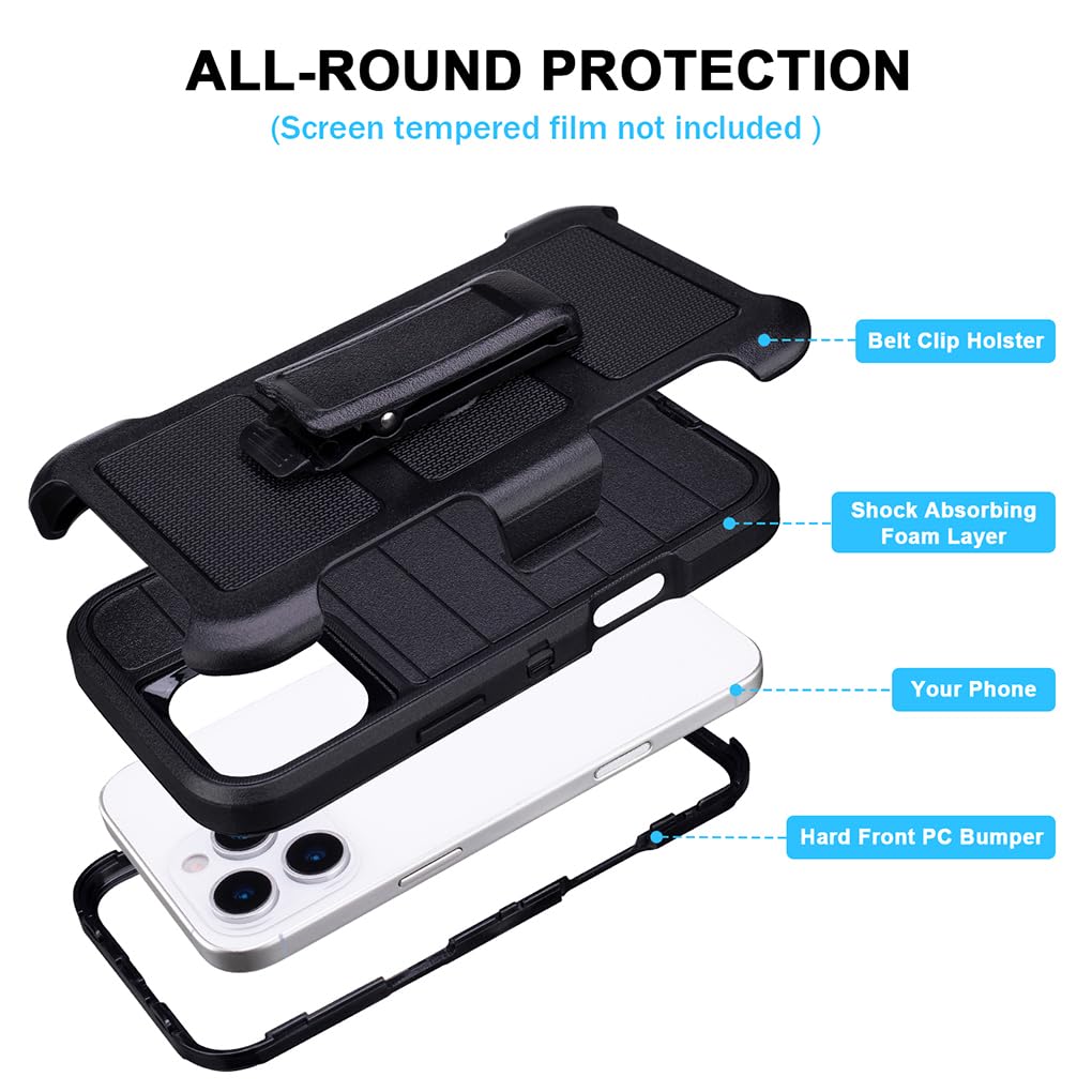 for Phone Case iPhone 16 Pro Max Case Black with Belt Clip Heavy Duty Holster for Shockproof Cases,3 Layers of Sturdy,Military Grade Defender Cover for iPhone 16 Pro Max Cases Black 6.9 Inch