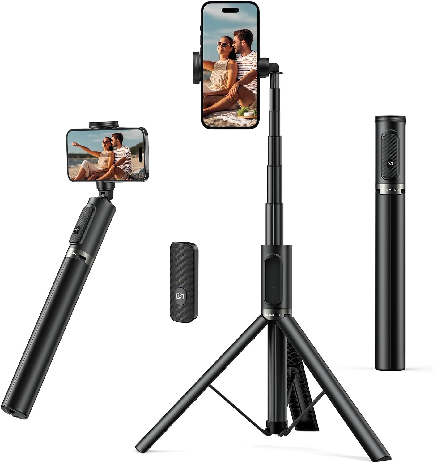 ATUMTEK Selfie Stick Tripod, All-in-one Extendable Aluminum Phone Tripod with Rechargeable Bluetooth Remote, 360 Rotatable for iPhone 16 Pro Max/15/14/13 Samsung Smartphones, Black
