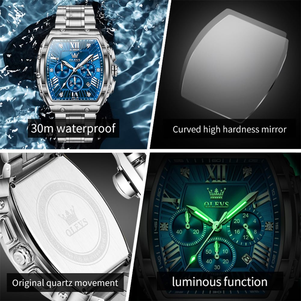 OLEVS Watches Men Chronograph Waterproof Rectangle Face Moon Phase Stainless Steel Strap Dress Watches for Men Luminous Quartz Calendar Mens Wrist Watch