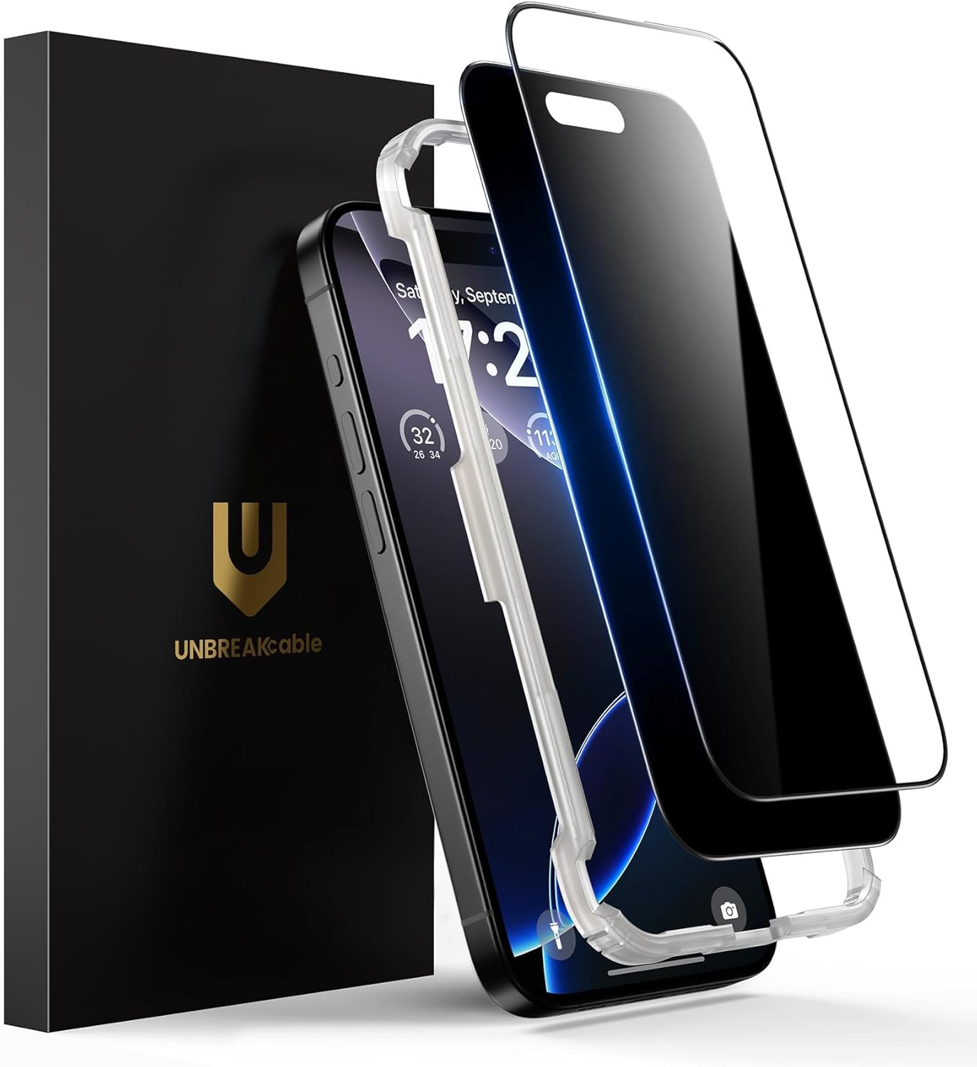 UNBREAKcable 2PCS Screen Protector for iPhone 16-1 Privacy Tempered Glass+1 Clear Glass Double Shatterproof [Easy Installation Frame] [9H Hardness] [Case Friendly] Anti-Scratch for iPhone 6.1 inch