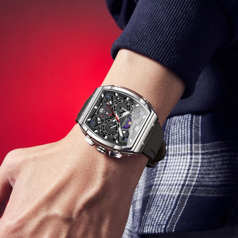 OLEVS Watches Men Chronograph Waterproof Rectangle Face Moon Phase Watches for Men Luminous Quartz Calendar Mens Wrist Watch - Silicon Strap