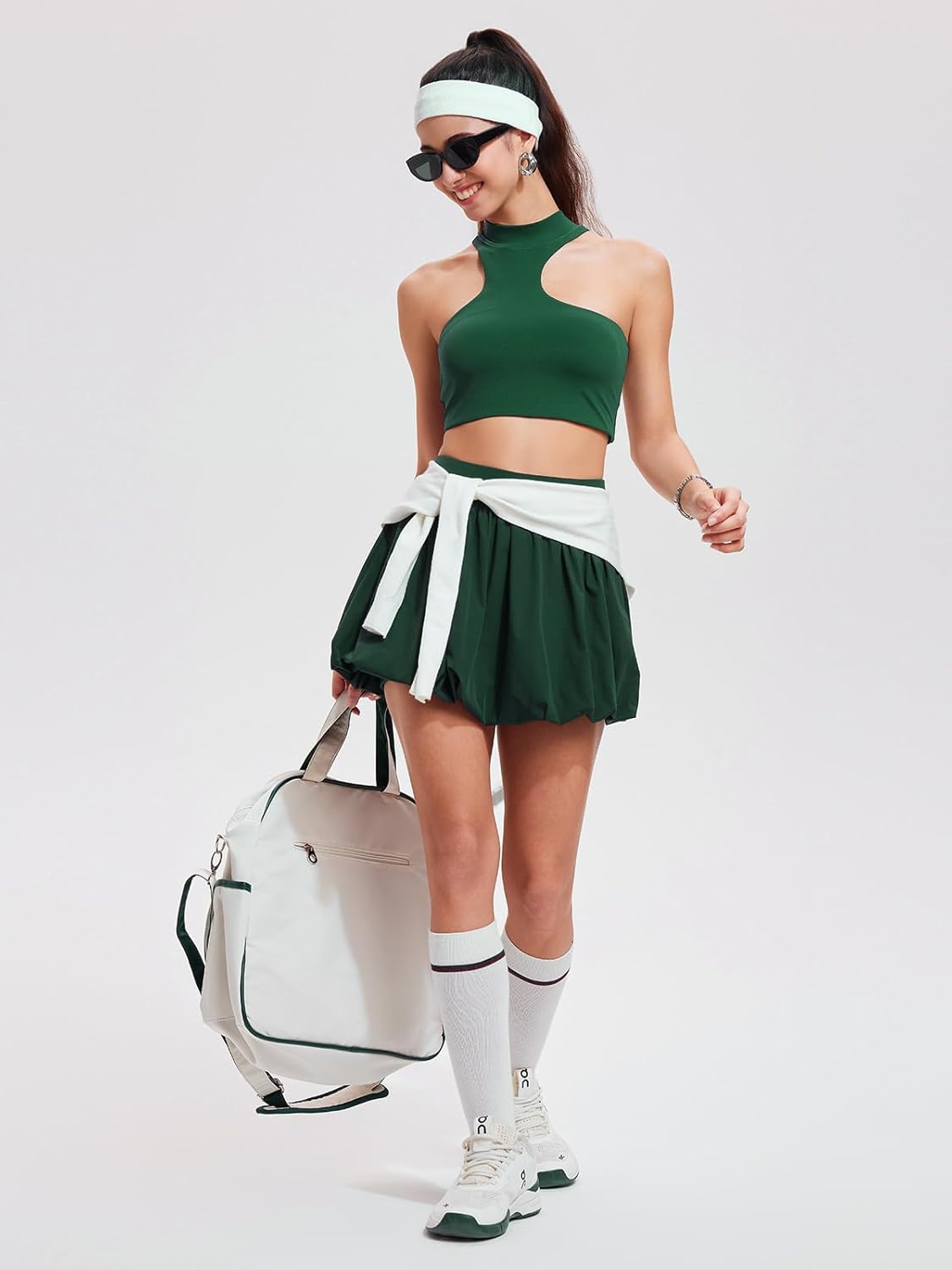 Airfree 2 Piece Sets for Women Tennis Skirt Set Mock Neck Sports Bra Irregular Crop Tank Bubble Skirt Outfits Set