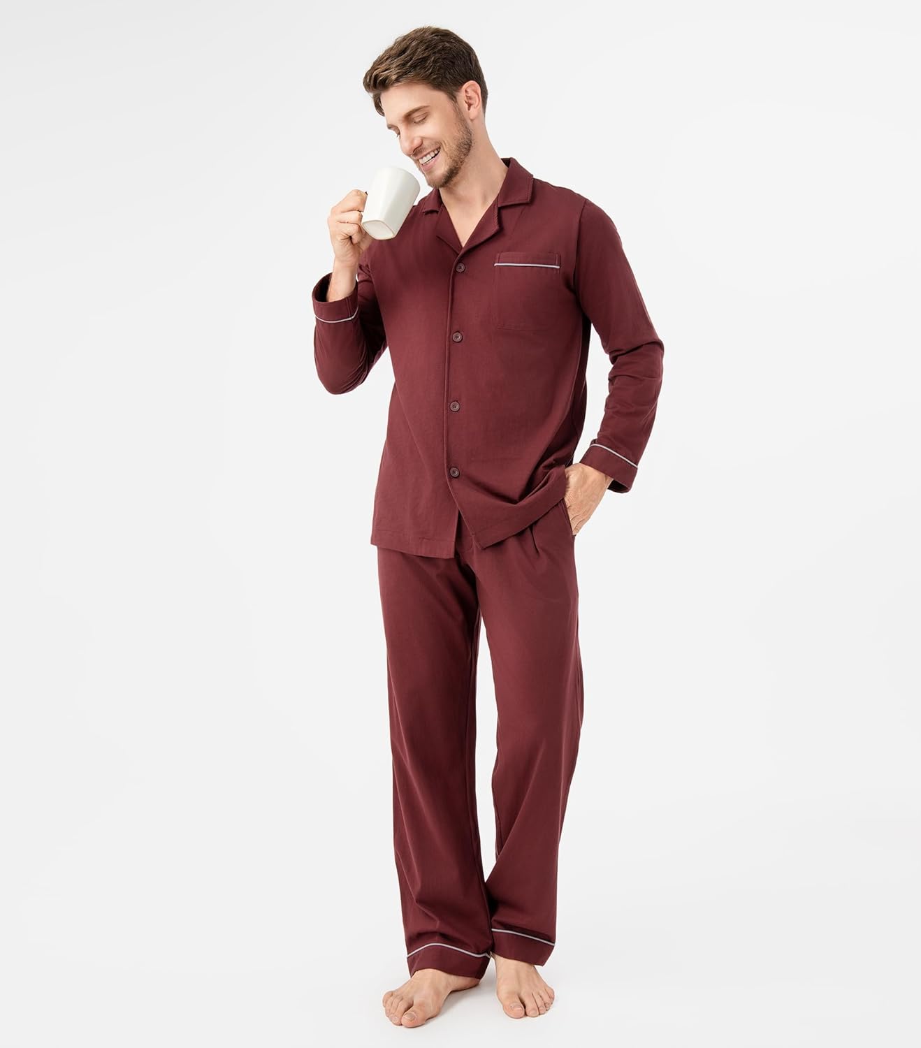 DAVID ARCHY Mens Pajamas Set Soft Cotton Notched Collar Pajamas for Men Long Sleeve Mens Sleepwear with Pockets & Front Fly