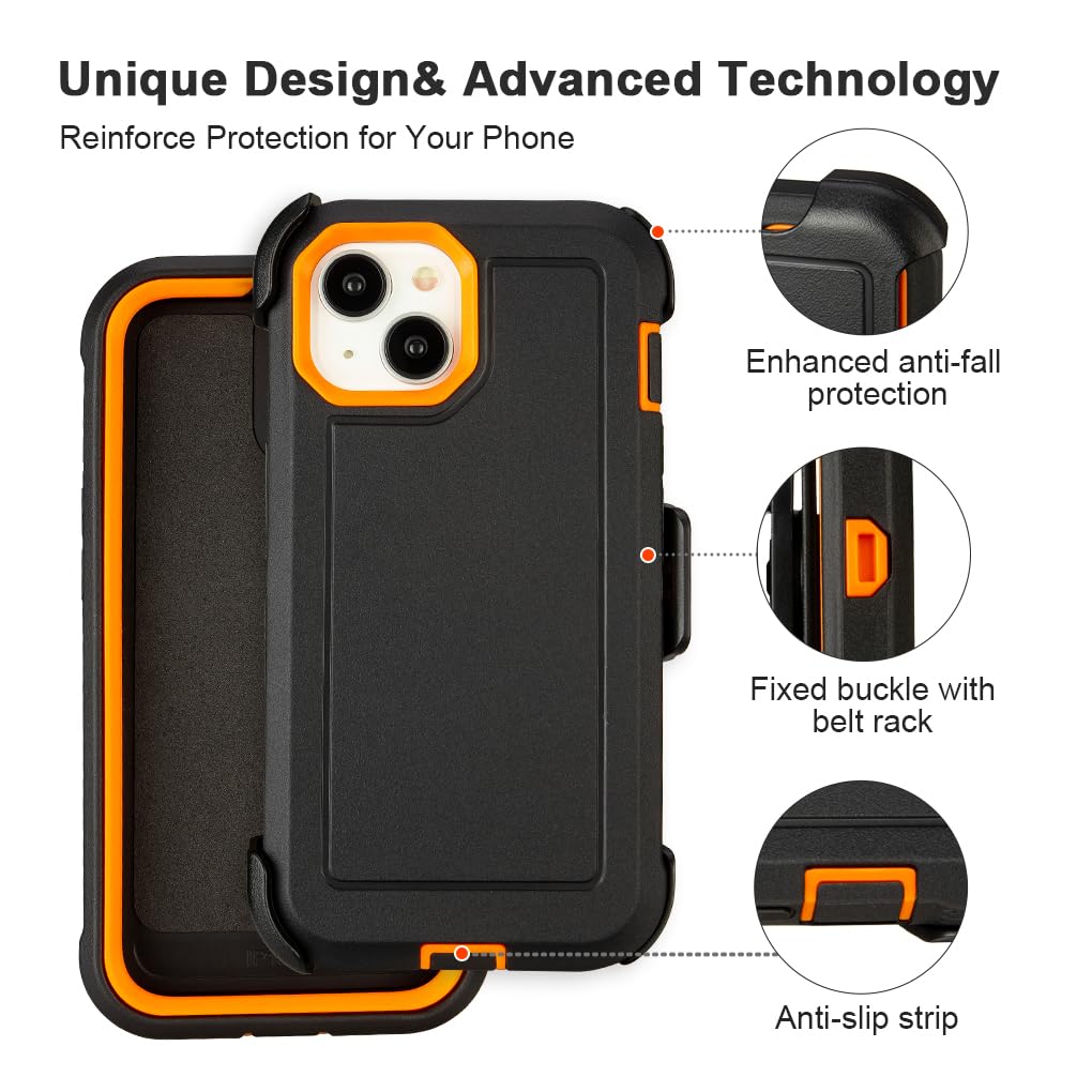 for Black iPhone 15 Case with Belt Clip, Shockproof Heavy Duty Rugged, 3 Layers of Sturdy,Anti-Drop, Military-Grade Defender Cover for iPhone 15 Case Black