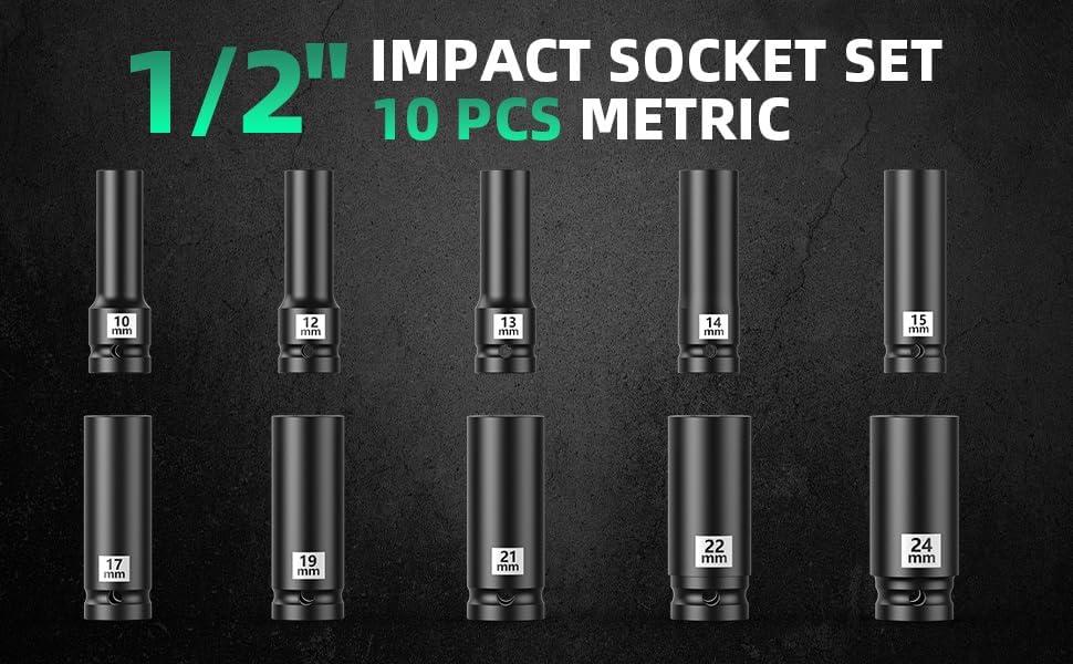 Professional Socket Set Wrench Kit, 10-Piece Metric 10-12-13-14-15-17-19-21-22-24mm, High-Torque C-V Steel Sockets for Automotive, Home Repair & DIY Projects