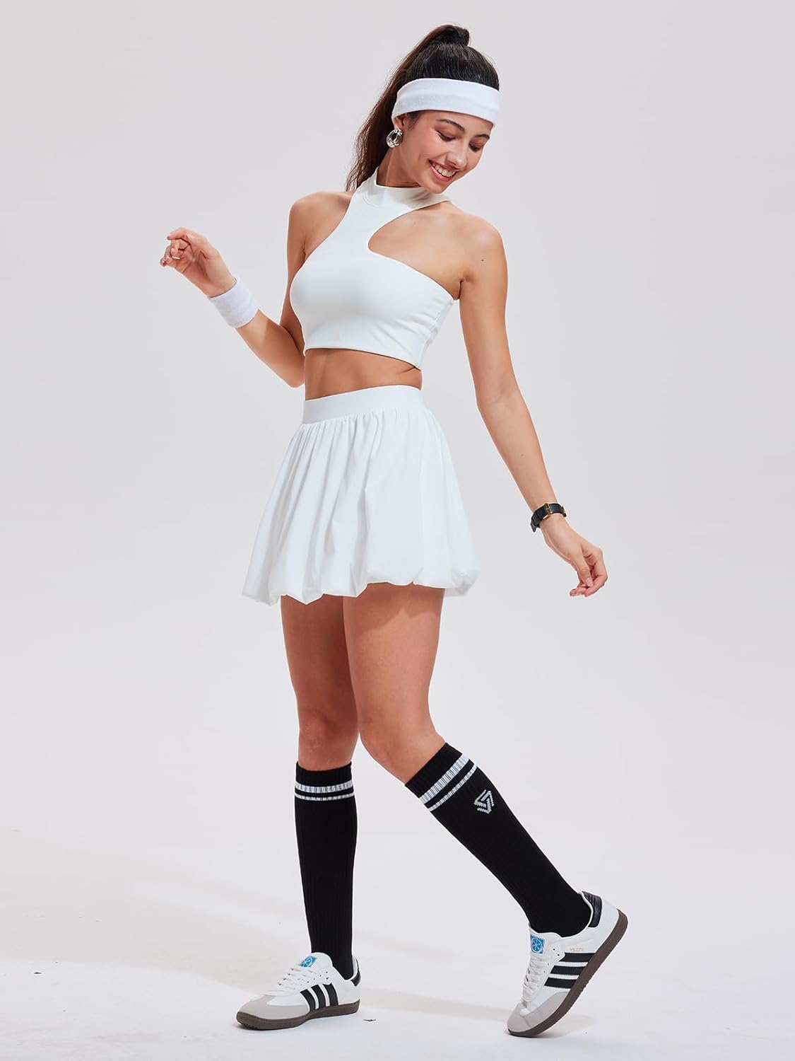 Airfree 2 Piece Sets for Women Tennis Skirt Set Mock Neck Sports Bra Irregular Crop Tank Bubble Skirt Outfits Set