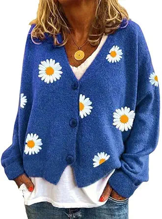 ZOCAVIA Women's Floral Knit Sweaters Cardigan Fall Winter Button Down Open Front Casual Flower Embroidered Cropped Sweaters