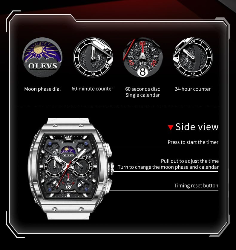 OLEVS Watches Men Chronograph Waterproof Rectangle Face Moon Phase Watches for Men Luminous Quartz Calendar Mens Wrist Watch - Silicon Strap
