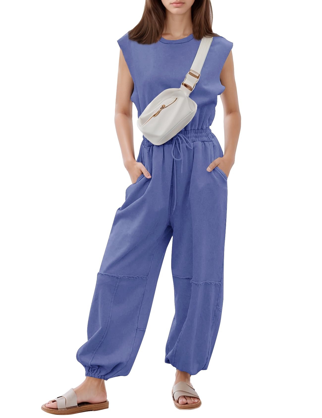 Flygo Womens Casual Jumpsuit Crewneck Cap Sleeve Long Wide Leg Pants One Piece Outfits Drawstring Romper with Pockets(LightGrey-M)