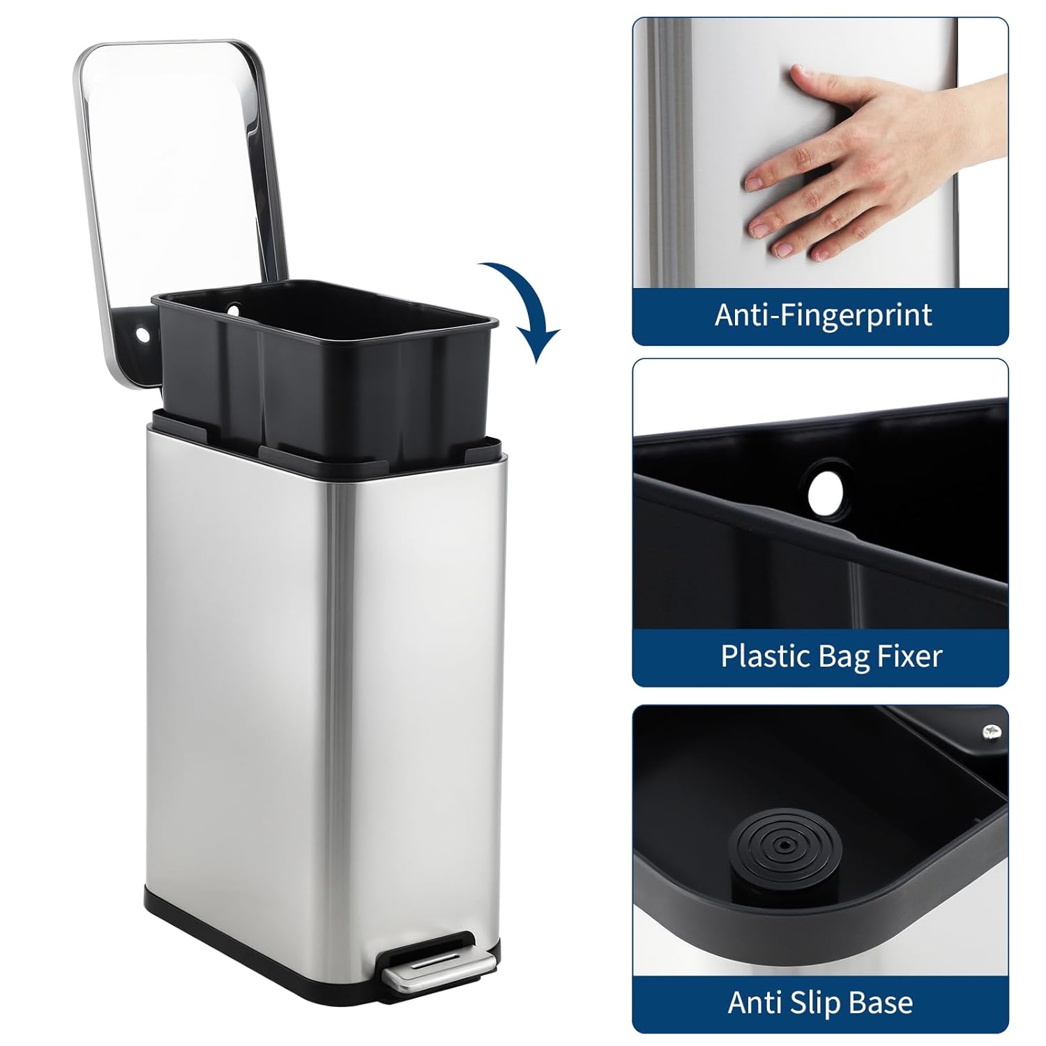 Garvee 13 gal Kitchen Trash Can, Stainless Steel Step Garbage Bin with Soft-Close Lid & Removable Bucket, Fingerprint Proof, Slim for Narrow Spaces, Bathroom or Office