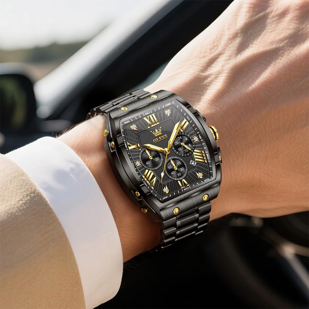 OLEVS Watches Men Chronograph Waterproof Rectangle Face Moon Phase Stainless Steel Strap Dress Watches for Men Luminous Quartz Calendar Mens Wrist Watch