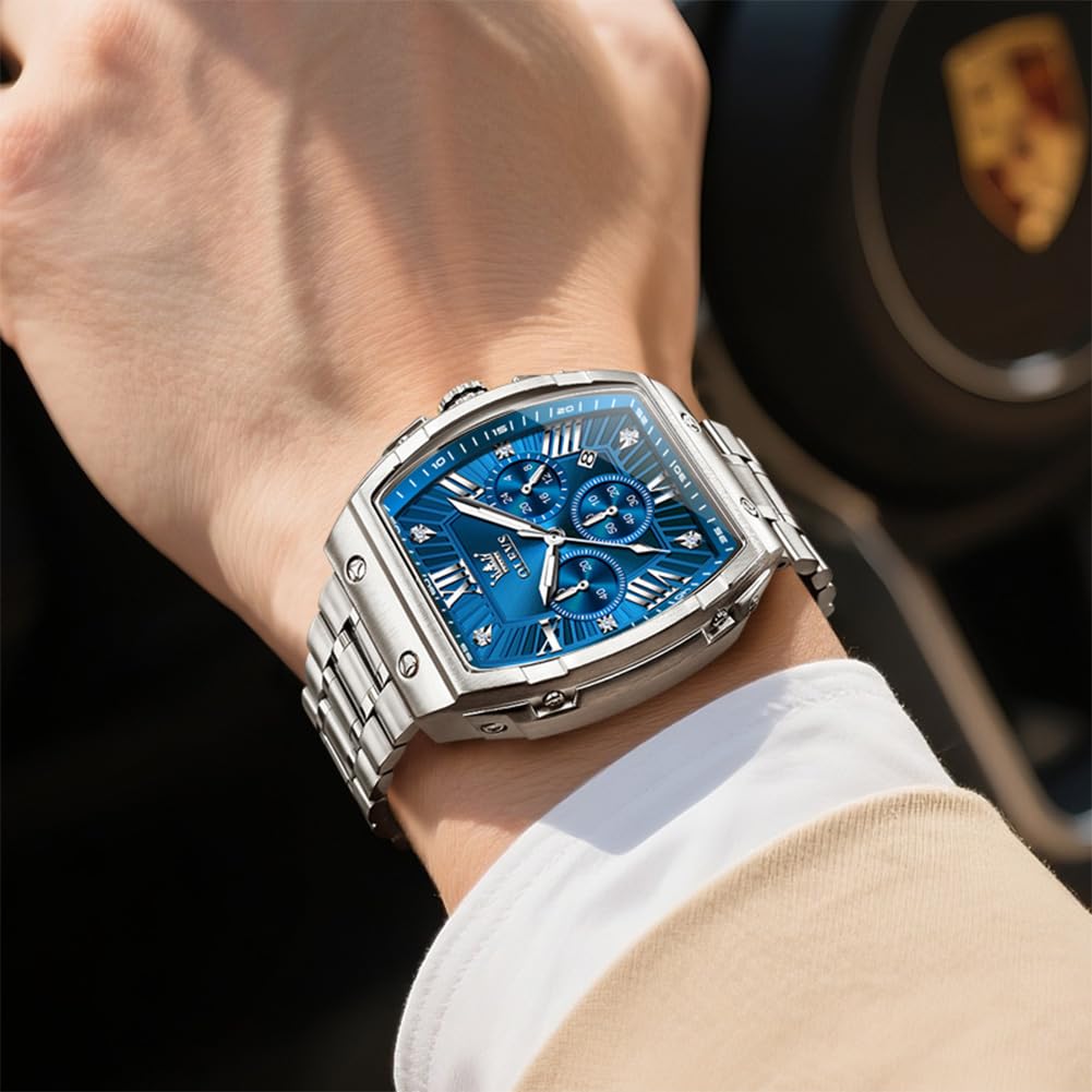 OLEVS Watches Men Chronograph Waterproof Rectangle Face Moon Phase Stainless Steel Strap Dress Watches for Men Luminous Quartz Calendar Mens Wrist Watch