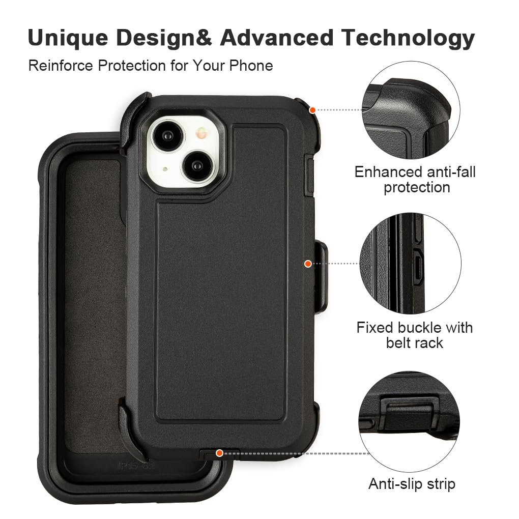 for Black iPhone 15 Case with Belt Clip, Shockproof Heavy Duty Rugged, 3 Layers of Sturdy,Anti-Drop, Military-Grade Defender Cover for iPhone 15 Case Black