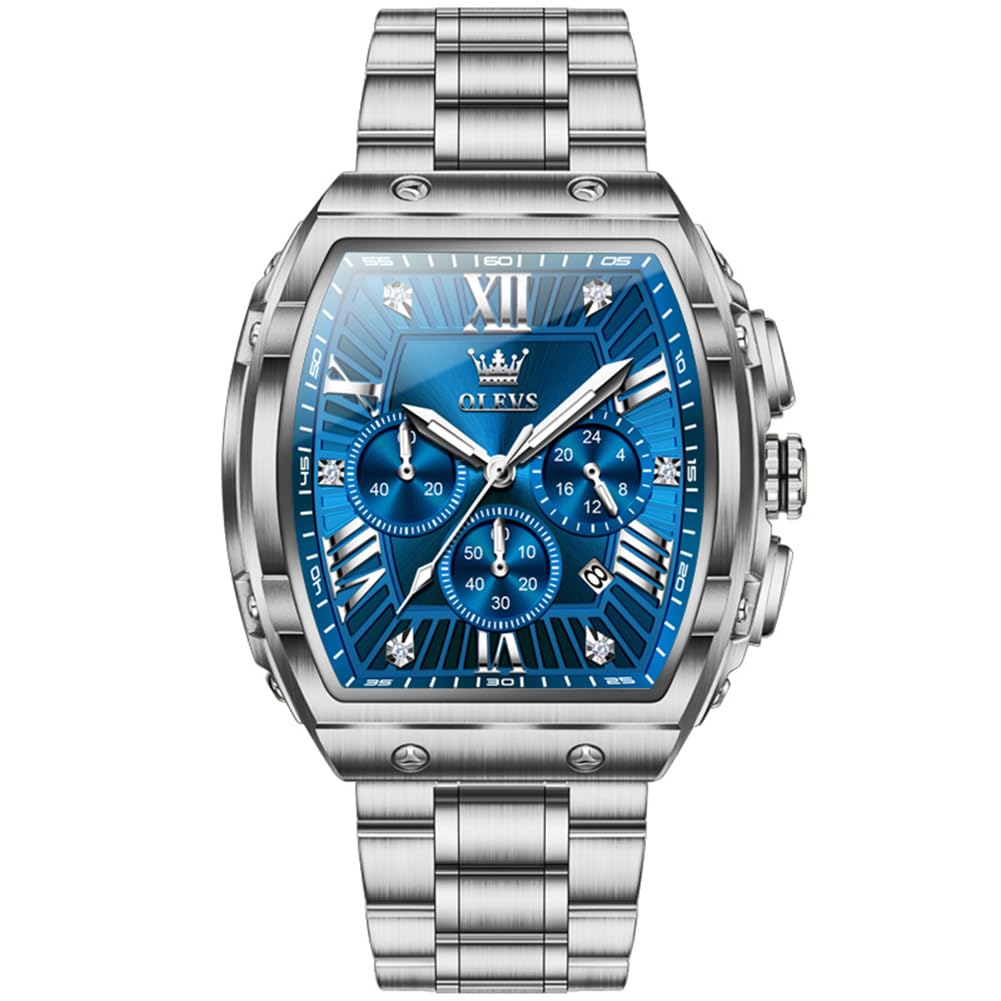 OLEVS Watches Men Chronograph Waterproof Rectangle Face Moon Phase Stainless Steel Strap Dress Watches for Men Luminous Quartz Calendar Mens Wrist Watch